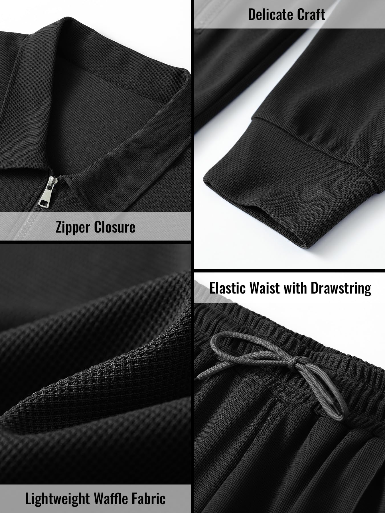 Men's Waffle Knit Tracksuit Set - 2 Piece Long Sleeve Zip Up Hoodie & Jogger Pants - Solid Color Athletic Sweatsuit for Running, Gym, and Casual Wear
