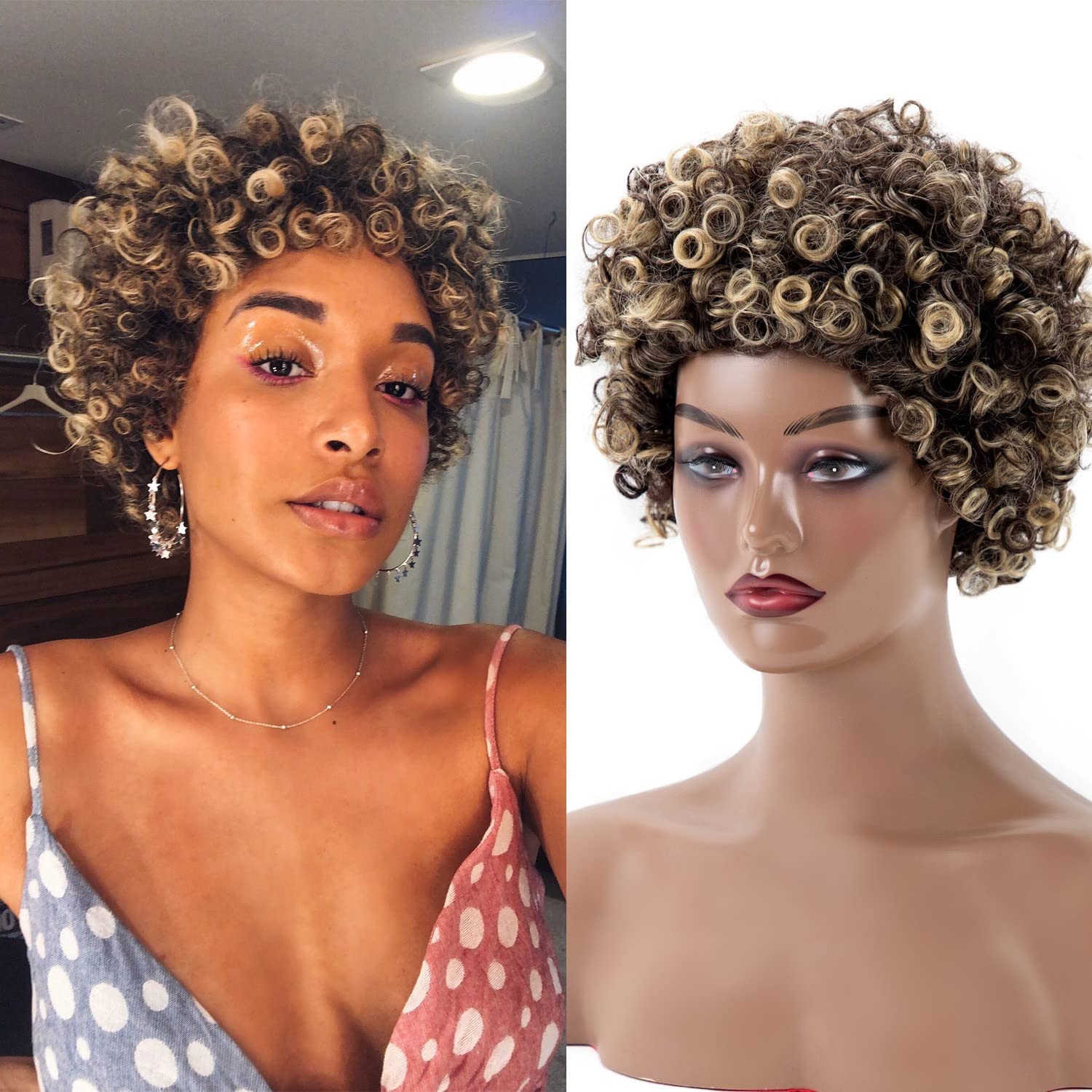 Brown Mixed Color Gradient Short Wavy Synthetic Hair Wig for Black Women - Heat Resistant Curly Pixie Cut with Natural Fluffy Look - Perfect for Daily Wear, Cosplay & Special Occasions (9.8 inches)