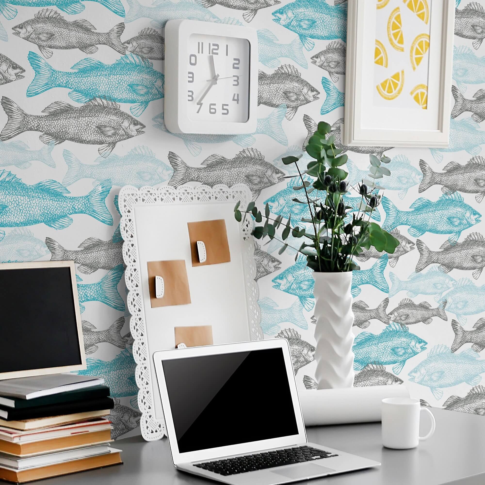 Blue Fish Nautical Peel and Stick Removable Wallpaper - Self-Adhesive Decorative Wall Covering for Bedroom, Bathroom, Nursery & Home Decor