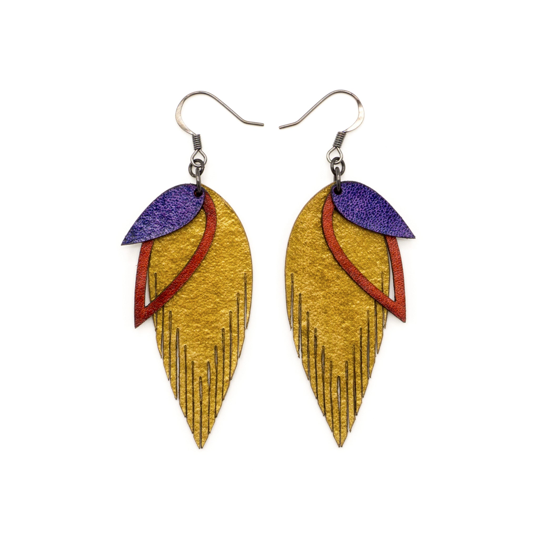 3 Layer Genuine Leather Earrings for Women - Gold, Red, Purple | Boho Chic Dangle Earrings for Casual Wear, Parties & Special Occasions