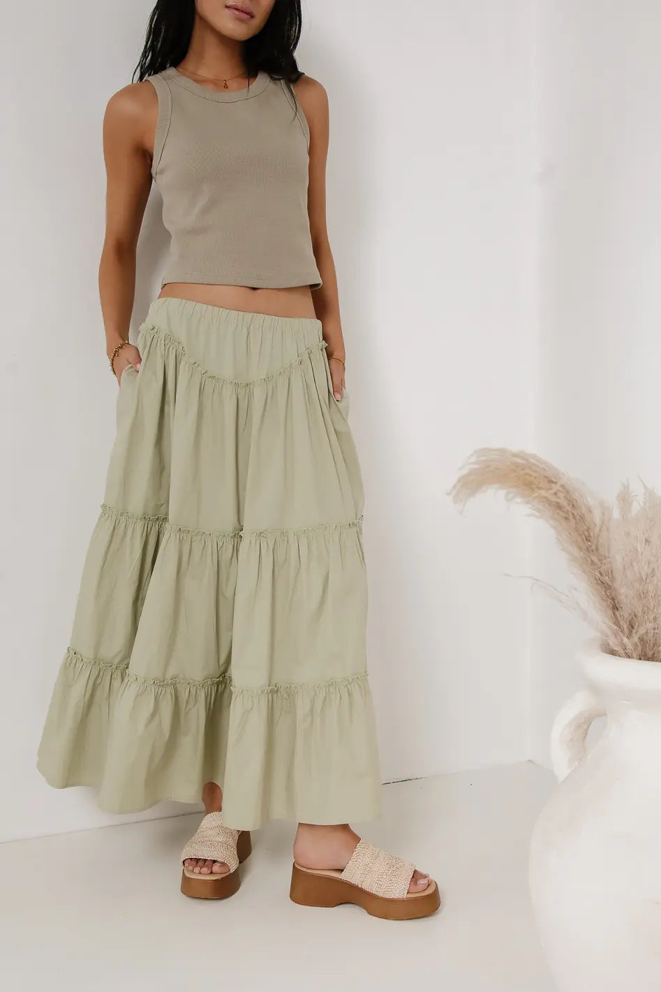 Layana Women's Flowy Sage Green Tiered Maxi Skirt - Boho Chic Long Skirt for Summer, Beach, Vacations & Casual Outings