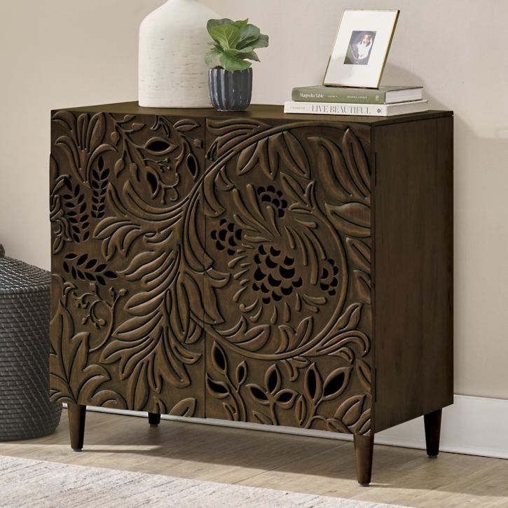 Hand Carved Antique Wooden Brown Entryway Cabinet - Vintage Hallway Storage for Shoes, Coats & Home Decor | Perfect for Farmhouse, Rustic & Traditional Entryways