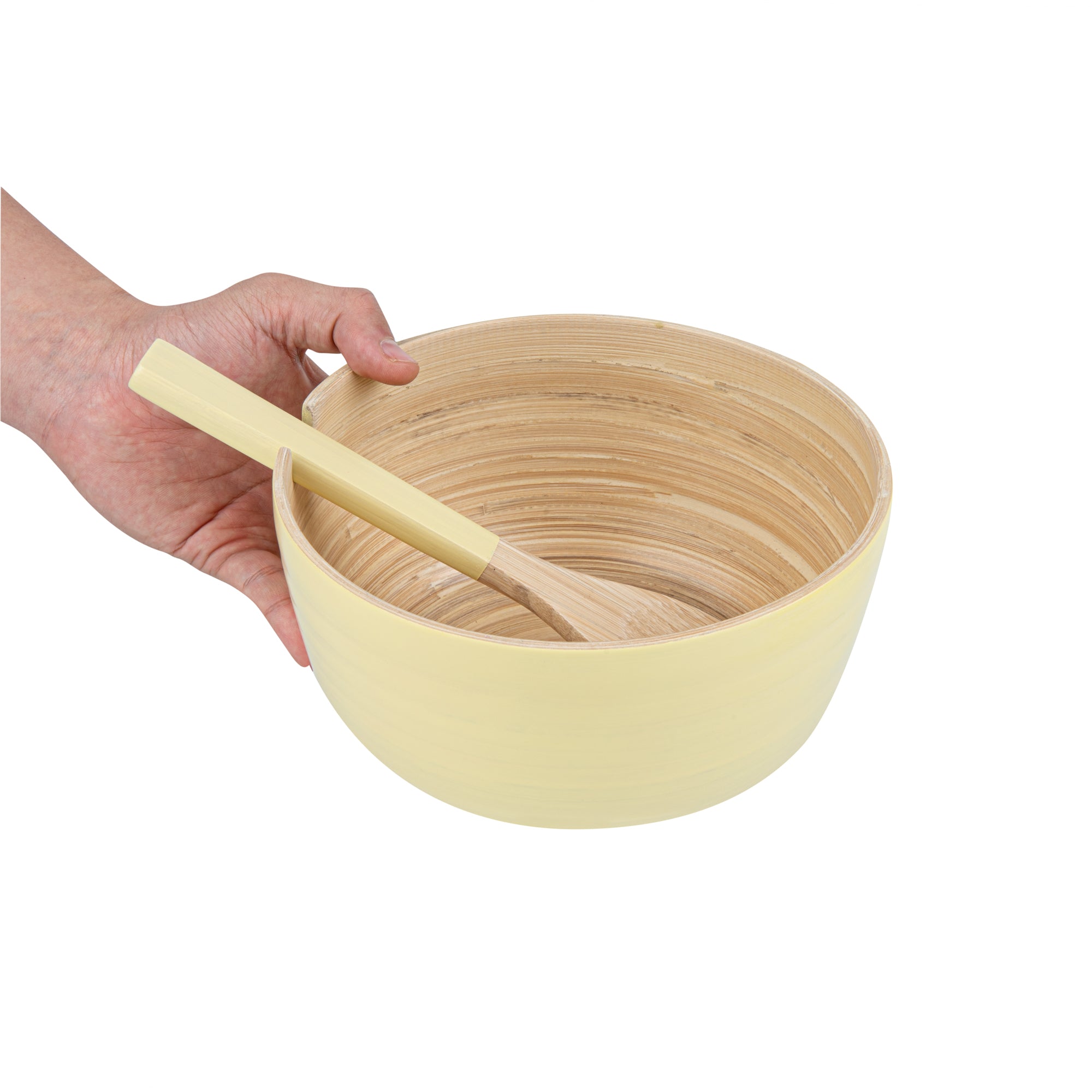 Bambuddha 25 oz Round Cream Spun Bamboo Serving Bowl with Spoon - 7.75