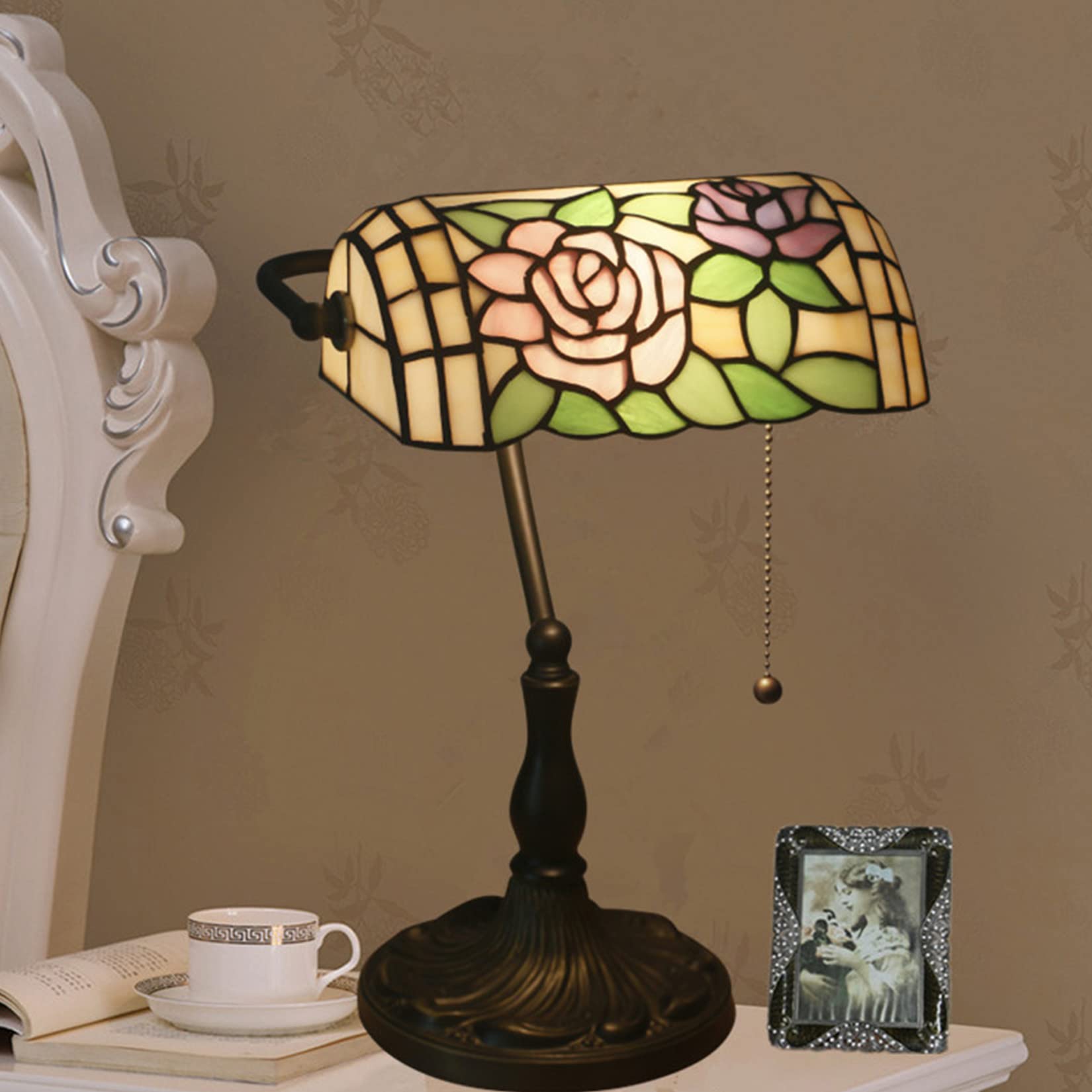 Tiffany Style Bankers Lamp - Stained Glass Desk Lamp with Warm Yellow Glass Shade & Antique Zinc Base - Perfect for Home Office, Living Room, Study or Bedside Table Lighting