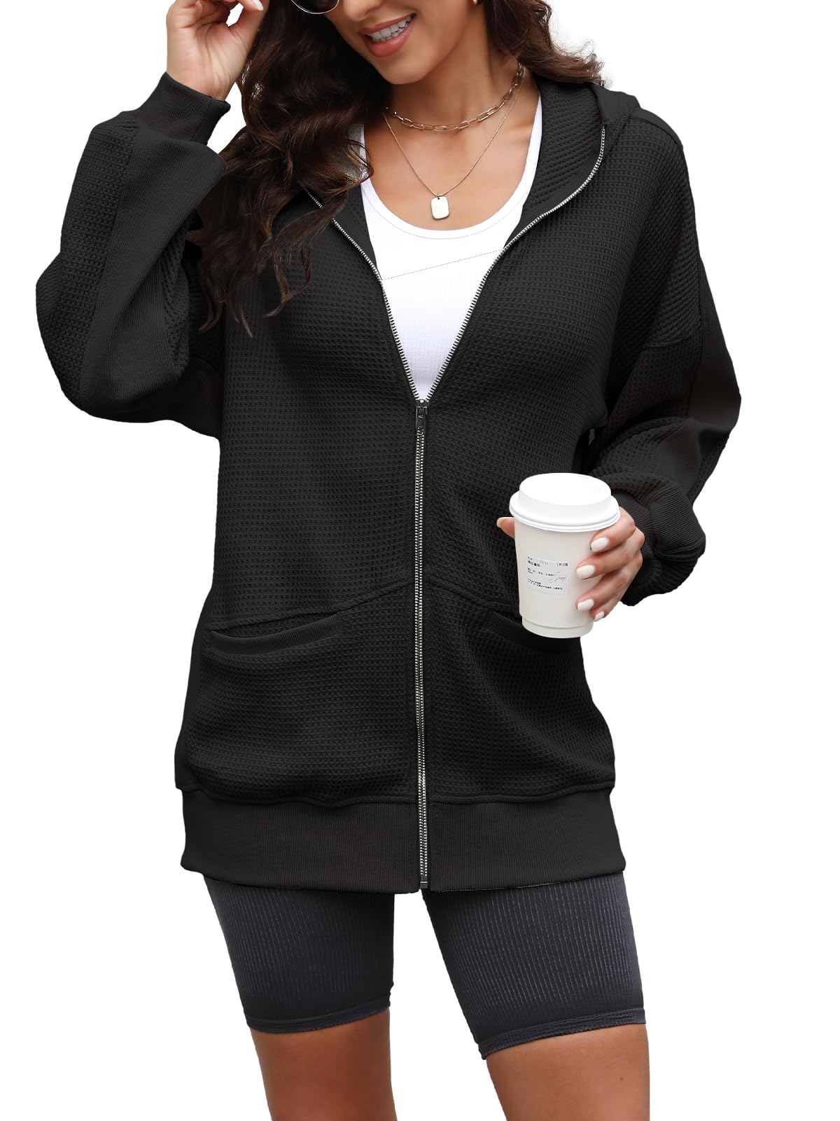 Yanekop Women's Oversized Zip-Up Hoodie Jacket - Waffle Knit Shacket with Pockets | Cozy Fall & Winter Outerwear for Casual Outings, Layering, and Streetwear Fashion