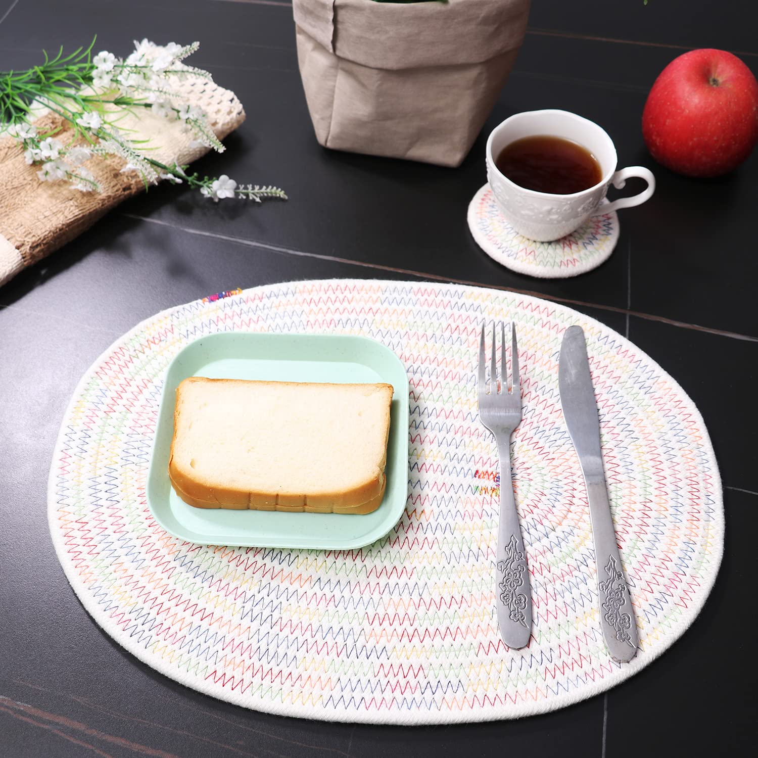 4-Pack Cotton Woven Oval Placemats with Round Coasters - Heat Resistant Braided Table Mats for Dining, Kitchen & Rustic Home Decor | Perfect for Dinner Parties, Daily Use & Holiday Table Settings