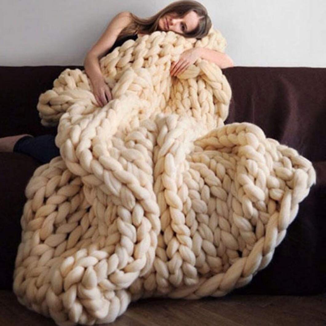 Chunky Hand-Knit Merino Wool Blanket - Soft & Warm Roving Throw for Couch, Bed, Sofa - Cozy Home Decor for Living Room, Nursery & Winter Snuggles