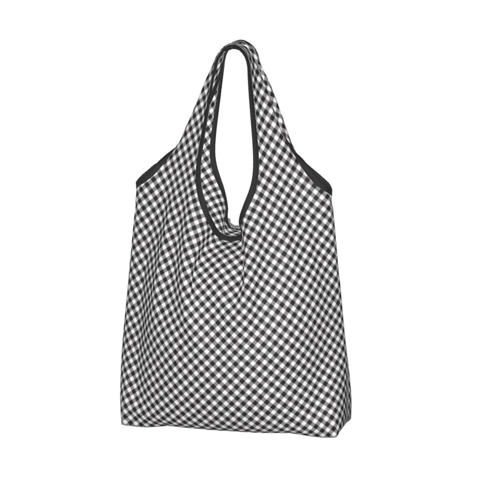 Black Gingham Washable Reusable Grocery Tote Bag - Lightweight Foldable Eco-Friendly Shopping Bag for Groceries, Farmers Market & Beach Trips