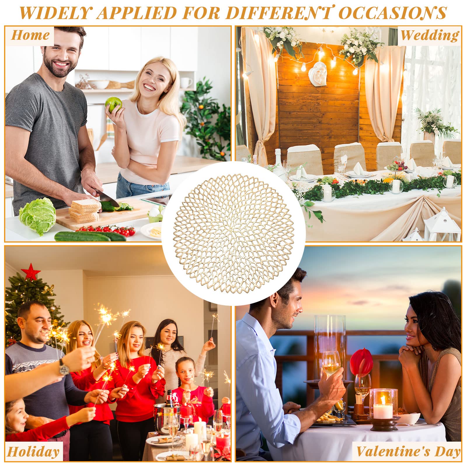 Gold Round Pressed Vinyl Placemats and Coasters Set - 24 Pcs Metallic Table Mats for Wedding, Dinner Party, and Home Decor - Elegant Hollow Design for Formal Dining and Holiday Entertaining