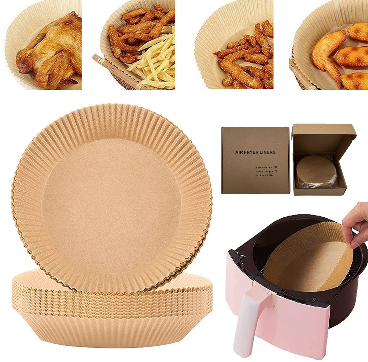 50PCS Non-Stick Air Fryer Disposable Paper Liners - Oil Proof, Waterproof Parchment Baking Sheets for Air Fryer, Roasting & Microwave - Perfect for Healthy Cooking, Meal Prep & Quick Cleanup