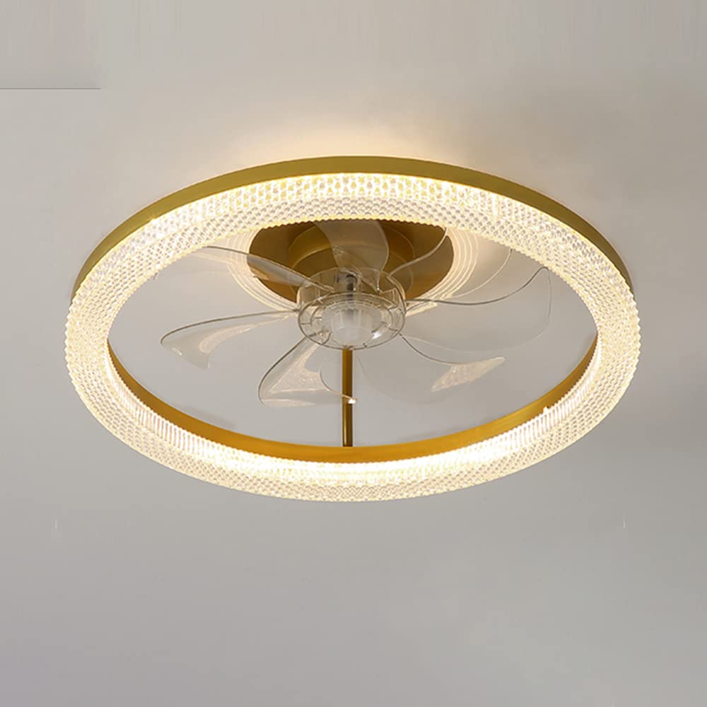 LITFAD Brushed Gold Circular Ceiling Fan with LED Light - Dimmable Modern Semi-Flush Mount Lighting Fixture, 110V-120V, Includes Remote Control - Perfect for Bedroom, Living Room, and Office Spaces