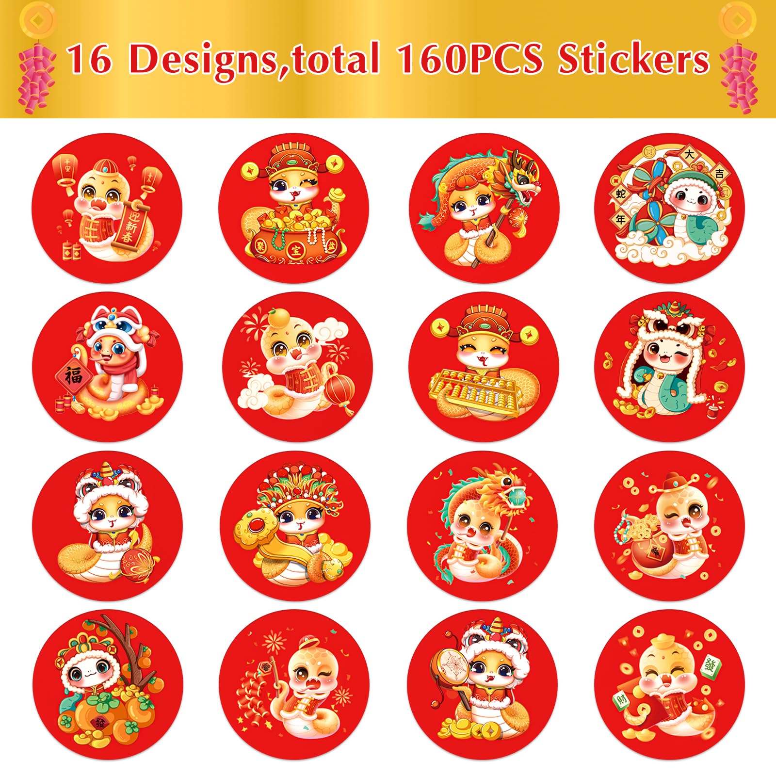 160PCS Chinese New Year Stickers 2025 - Year of The Snake Decorations, Lunar New Year Party Supplies, Spring Festival Candy Stickers for Kids, DIY Crafts, Scrapbooking & Gift Wrapping