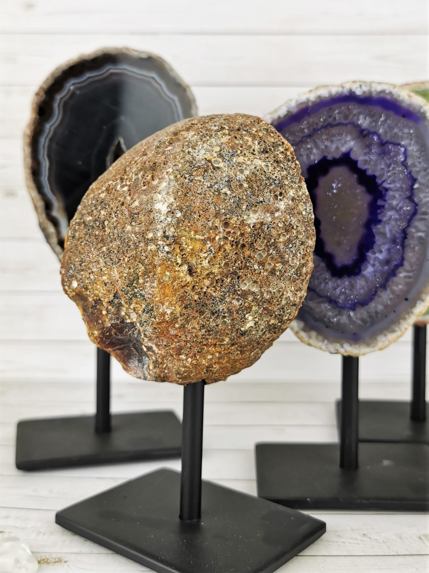 Natural Agate Crystal Specimens on Wooden Display Stands - Perfect for Home Decor, Office Feng Shui, and Mineral Collection Showcase