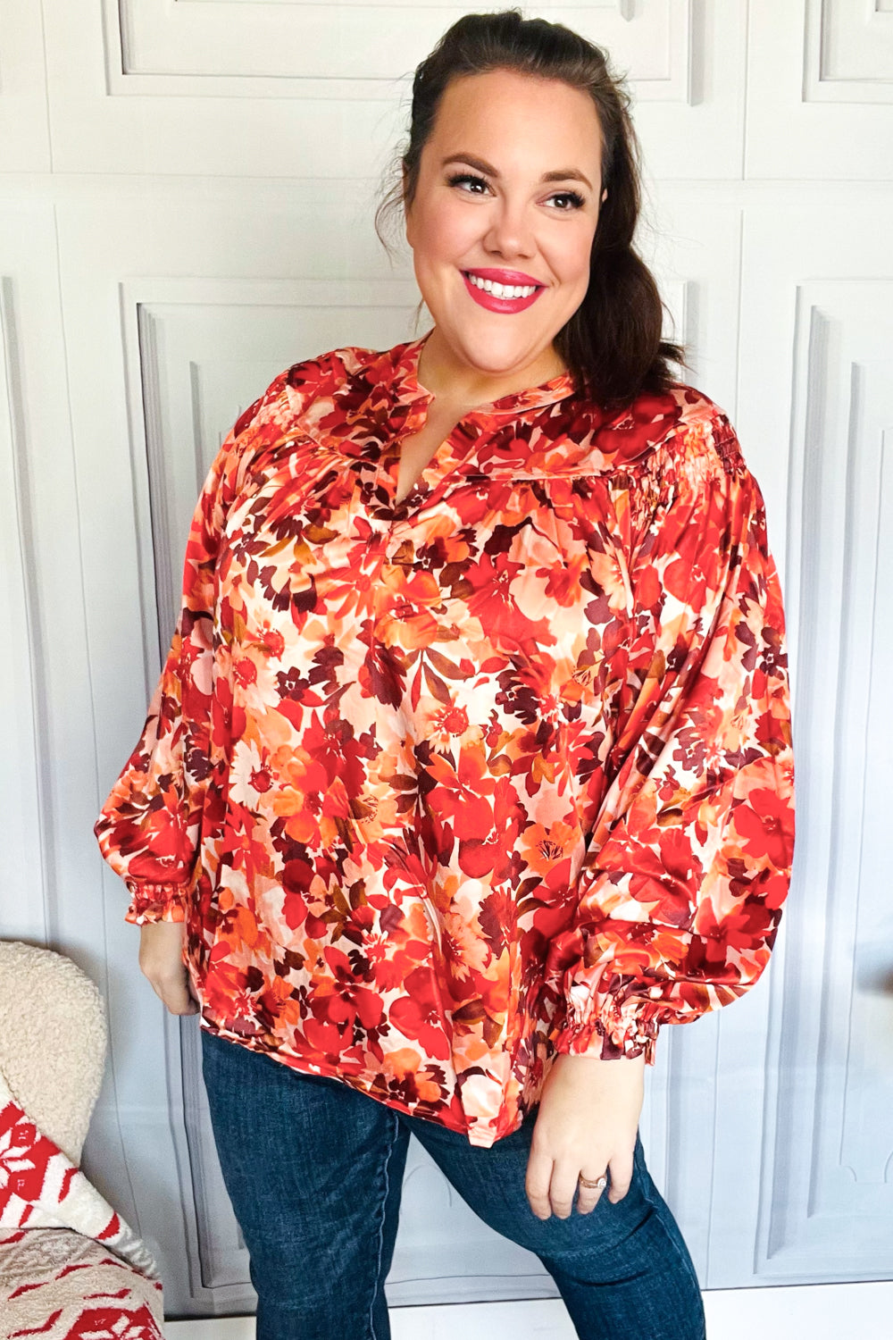 Fall Vibes Rust Floral Print Notched Neck Smocked Satin Blouse - Elegant Women's Tops for Autumn Outfits, Date Nights & Office Wear