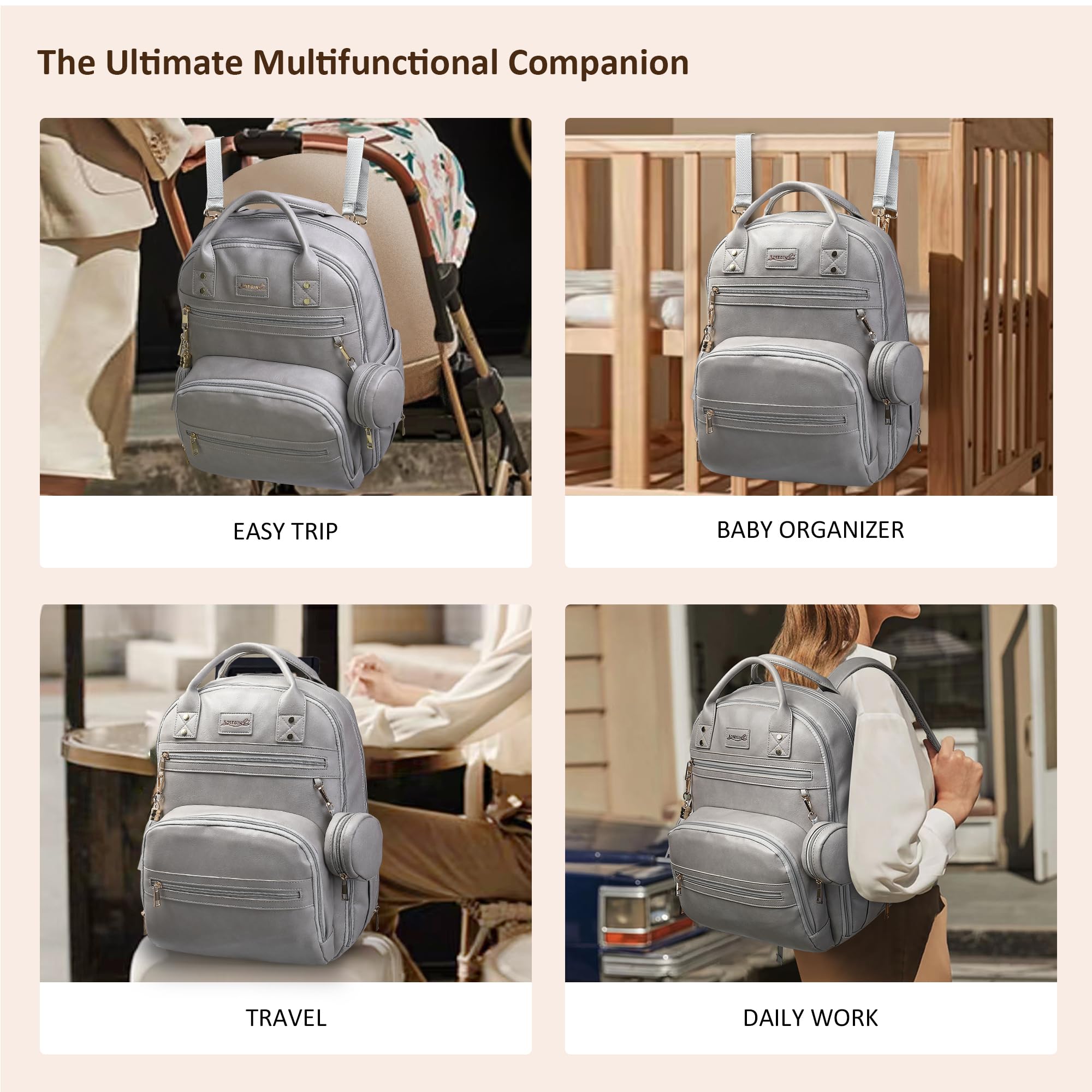 ROSEGIN Vegan Leather Diaper Backpack for Baby Boys & Girls - Waterproof Diaper Bag with Insulated Bottle Pockets, Changing Pad & Pacifier Holder | Perfect for Travel, Daycare & On-the-Go Parents
