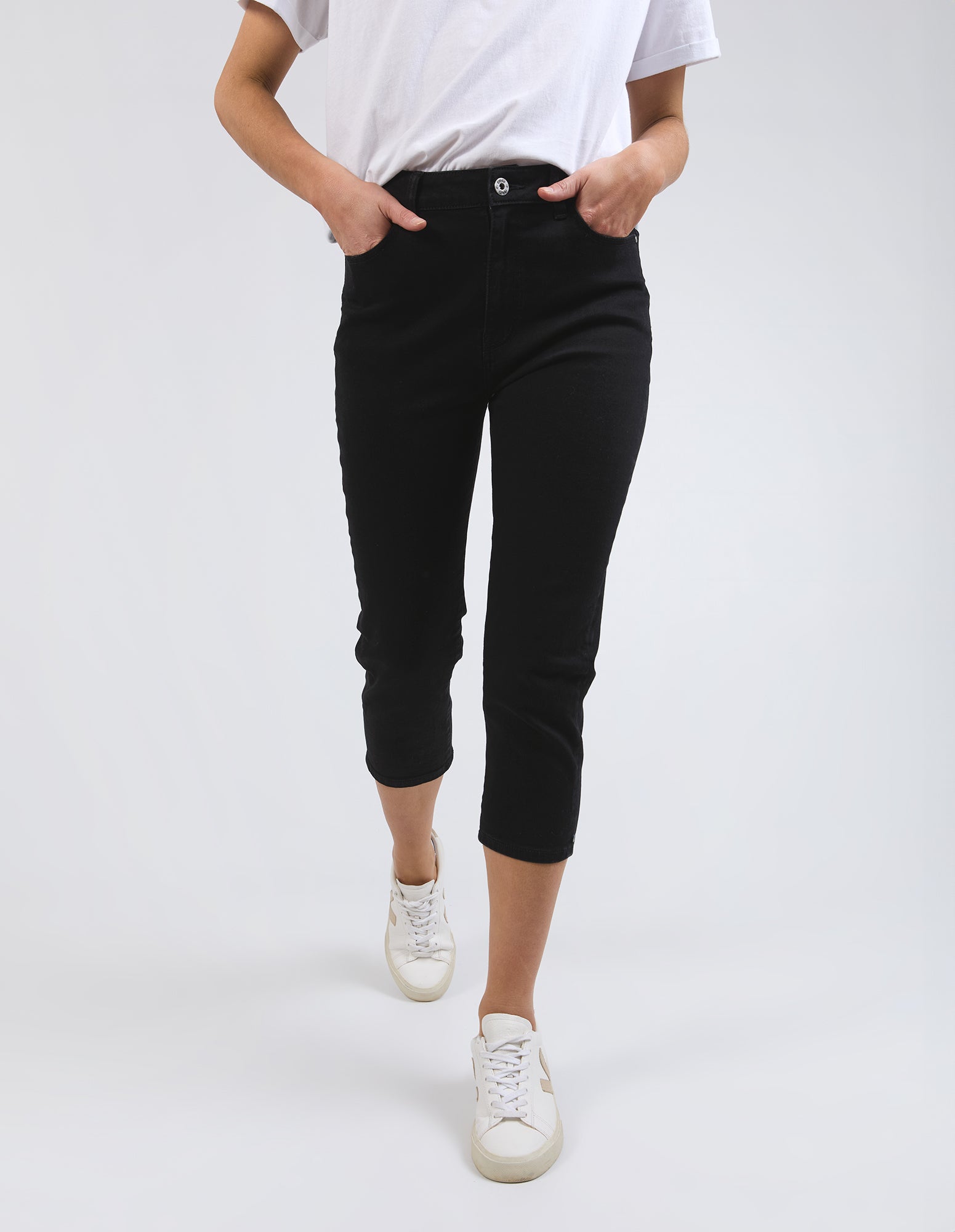 Elm Mollie Capri Jeans - Black Wash Distressed Denim Pants for Women | Casual Summer Outfit & Boho Style