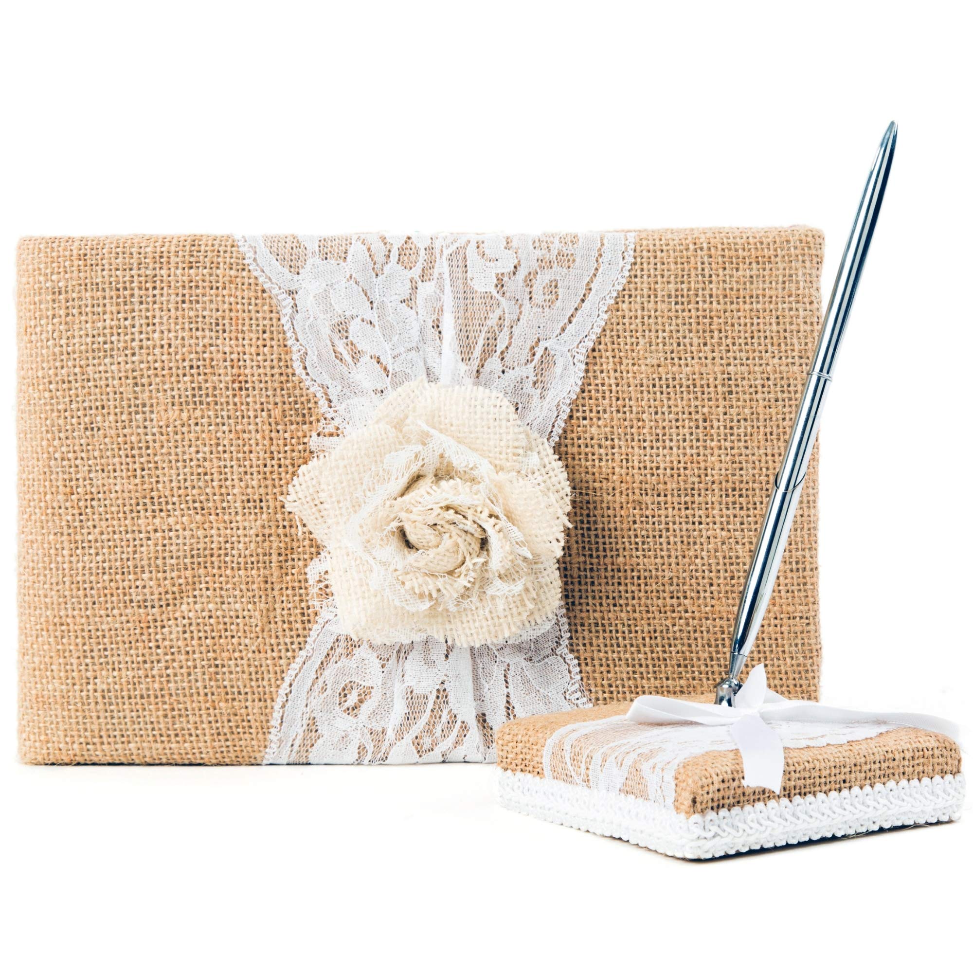 Elegant Rustic Wedding Guest Book with Burlap & Lace Cover - Includes Burlap Pen Holder & Silver Pen - 120 Lined Pages for Guest Messages - Comes in Gift Box (White Rose) - Perfect for Weddings, Anniversaries & Special Events
