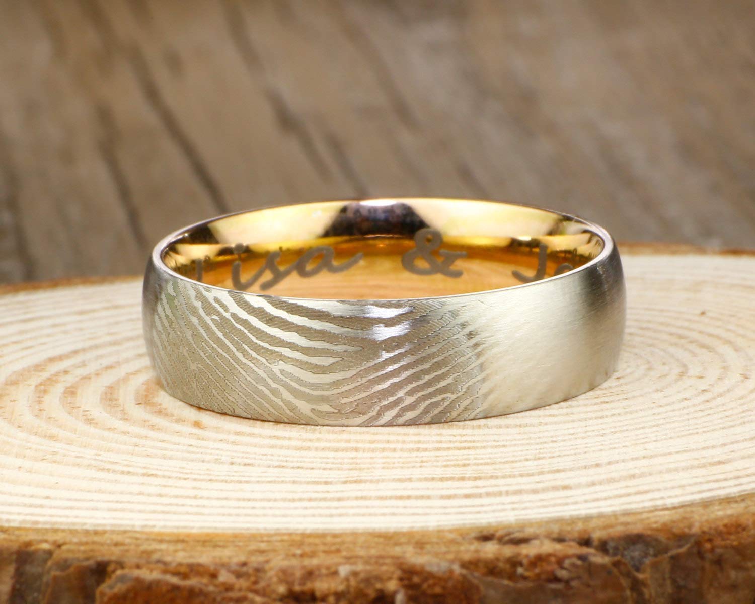 Handmade Men's Dome Fingerprint Rings - Two Tone Rose Gold Titanium Rings 7mm for Wedding, Anniversary & Unique Gifts