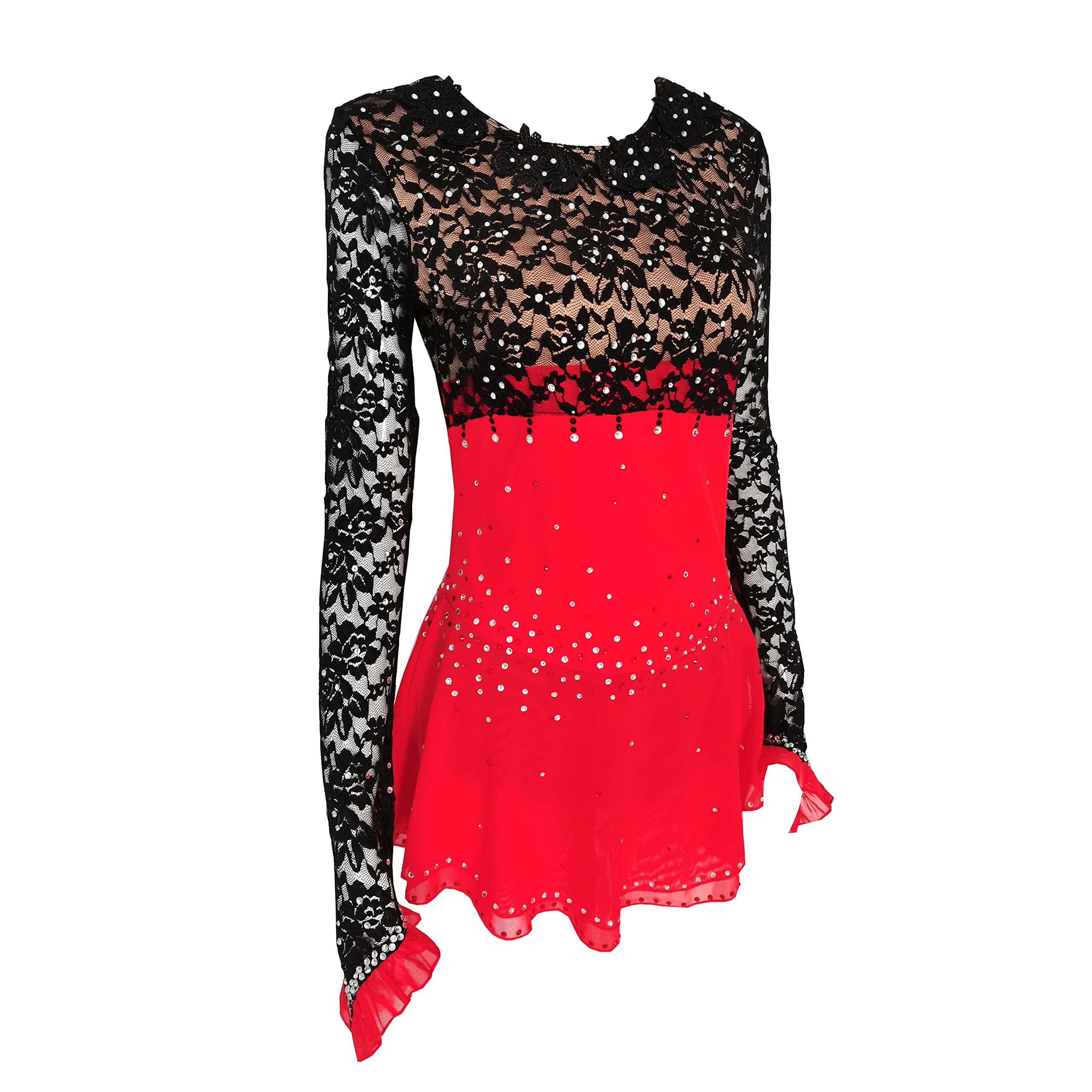 Elegant Black and Red Lace Long Sleeve Figure Skating Dress for Girls & Women - Competition & Performance Ice Skating Outfit - Perfect for Ice Shows, Competitions, and Practice Sessions