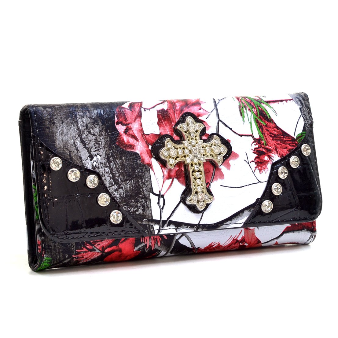 Western Rhinestone Cross Accent Wallet - Gold Rush WC99-RD & CAM - Red & Camouflage Design for Women | Trendy Biker Babe & Cowgirl Fashion Accessory | Perfect for Parties, Rodeos & Night Out