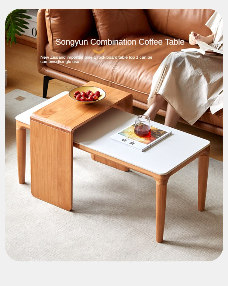 Modern Pine Solid Wood Coffee Table with Rock Plate Design - Stylish and Durable Living Room Furniture for Home Decor