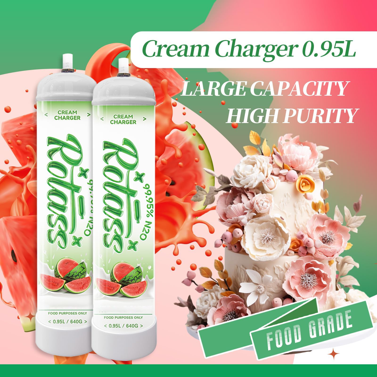 Premium Whipped Cream Charger - Watermelon Flavor 0.95L Whipped Cream Dispenser with 6 Professional 640g Cream Cylinders | Perfect for Desserts, Coffee Toppings & Party Catering