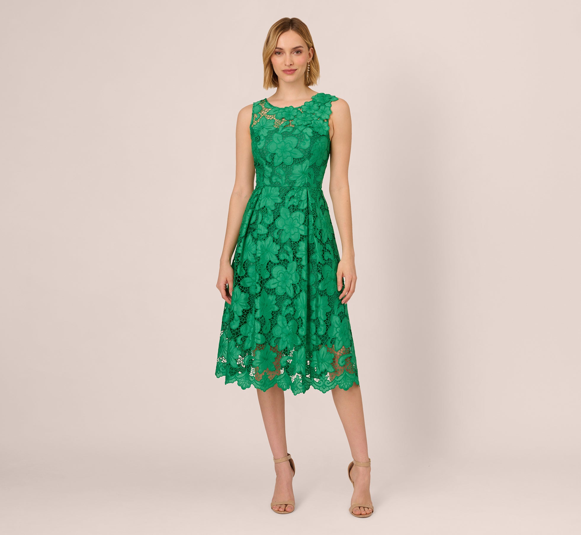Elegant Green Lace Sleeveless Midi Dress with Sheer Neckline & Hem - Perfect for Summer Weddings, Garden Parties & Date Nights