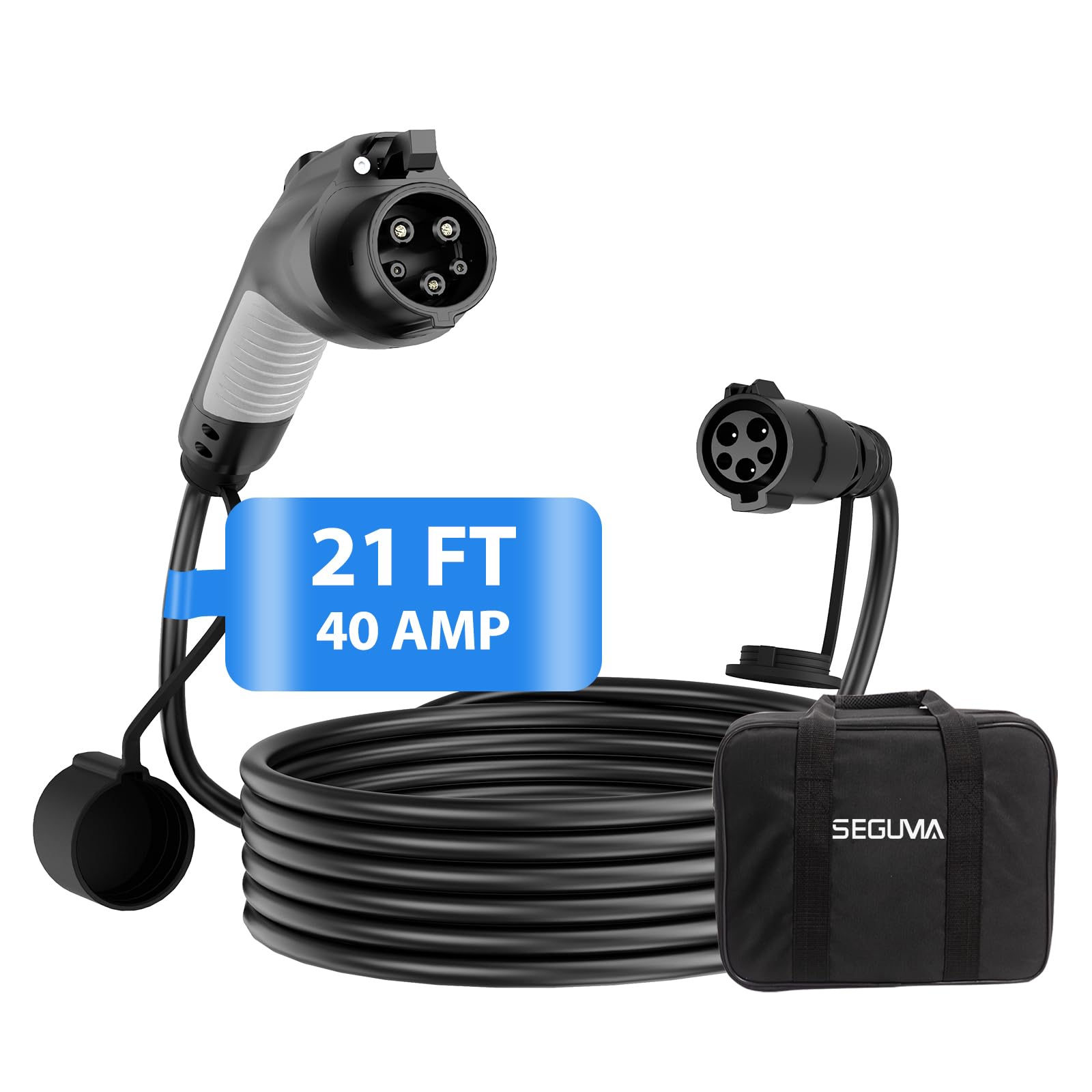 21ft 40Amp J1772 EV Charger Extension Cable - 110V-240V SAE J1772 Compatible for Level 1 & Level 2 Charging - IP66 Waterproof for Tesla, Chevy, Nissan EVs & PHEVs - Perfect for Home, Garage & Outdoor Charging with Convenient Storage Bag