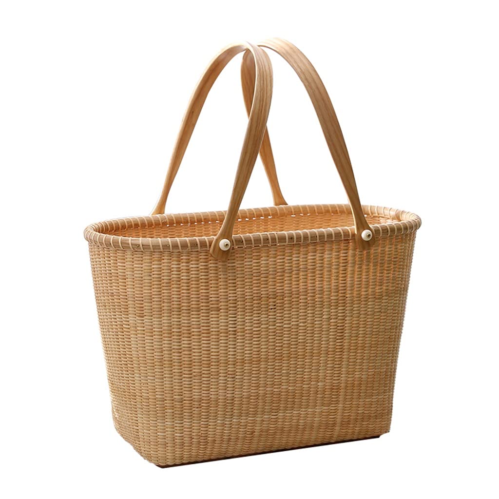 FSJKZX Rattan Picnic Basket - Portable Woven Picnic Hamper for Camping, Beach, Grocery Shopping & Outdoor Storage (Brown, 40x19x27cm) - Perfect for Picnics, Parties & Family Gatherings