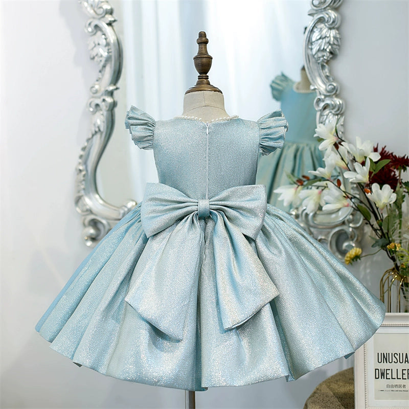 Blue Princess Jewel Neck Tea-Length Satin Flower Girl Dress for Weddings & Special Occasions | Elegant Formal Attire for Kids