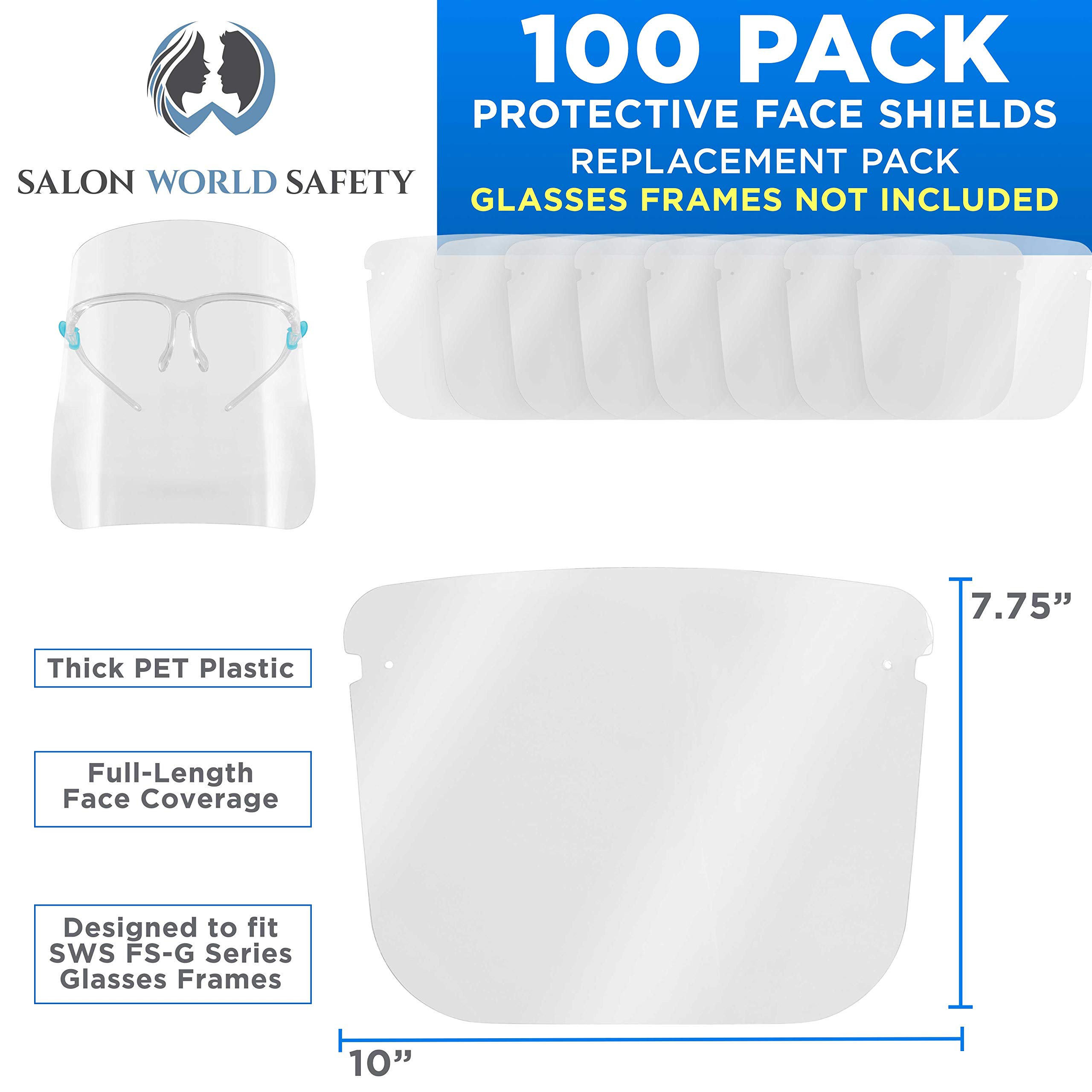 TCP Global Salon World Safety Replacement Face Shields - 10 Packs of 10 (100 Shields Total) | Ultra Clear Anti-Fog PET Plastic | Full Face Protection for Eyes, Nose & Mouth | Fits Most Brands | Ideal for Salons, Healthcare, Labs & Industrial Use