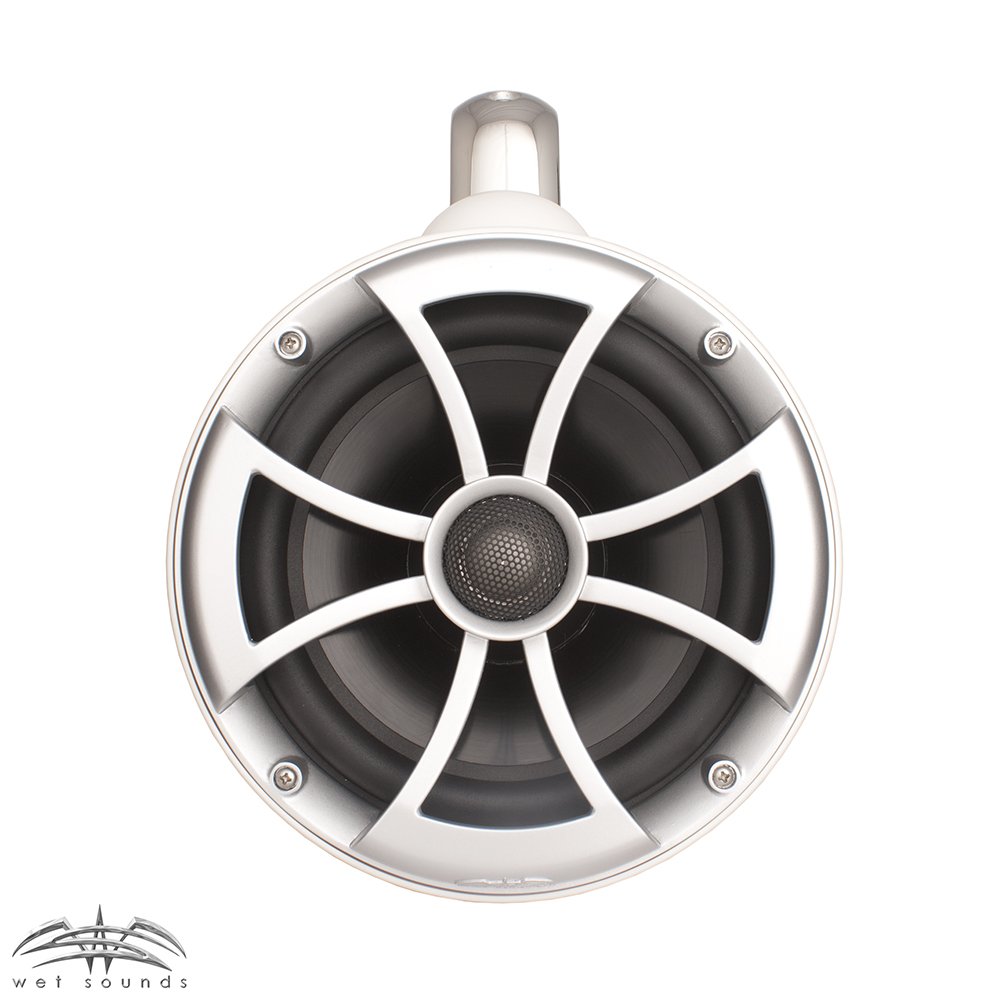 Wet Sounds ICON8W-FC 8 Inch White Marine Tower Speakers with Stainless Steel Fixed Clamps & SYN-DX2 750 Watt Amplifier - Perfect for Boats, Yachts, and Outdoor Water Sports
