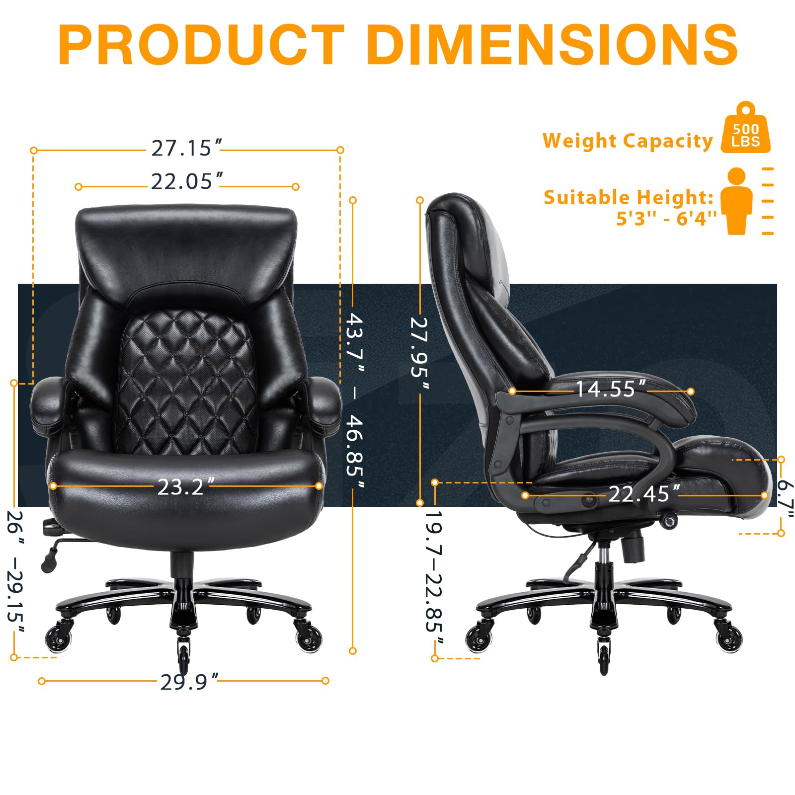 Big and Tall Office Chair for Heavy People Up to 500LBS - High Back Extra Wide Heavy Duty Executive Chair with Adjustable Lumbar Support - Ergonomic Computer Desk Chair for Home Office - Perfect for Large Men, Plus Size Users & Long Work Sessions (Black)