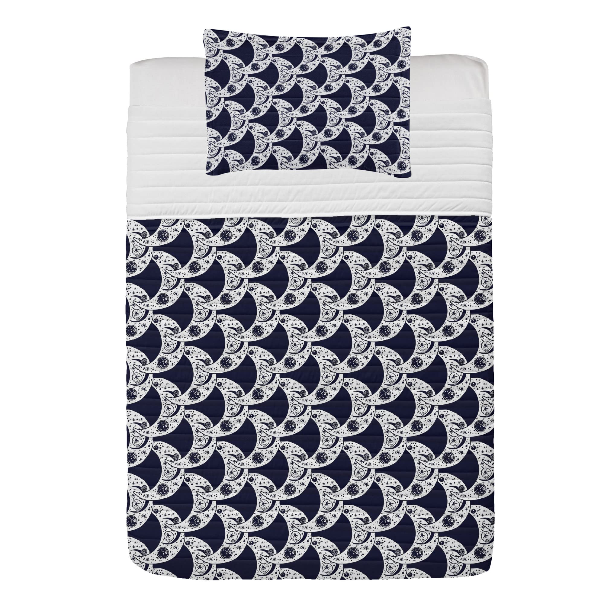 Ambesonne Bohemian Microfiber Bedspread Set - Crescent Moon Ethnic Boho Pattern, Celestial Sky Design Soft Bedding with Pillow Sham & Comforter, Twin Size Dark Petrol Blue & White | Perfect for Bohemian Bedroom Decor, Guest Rooms & Dorm Style
