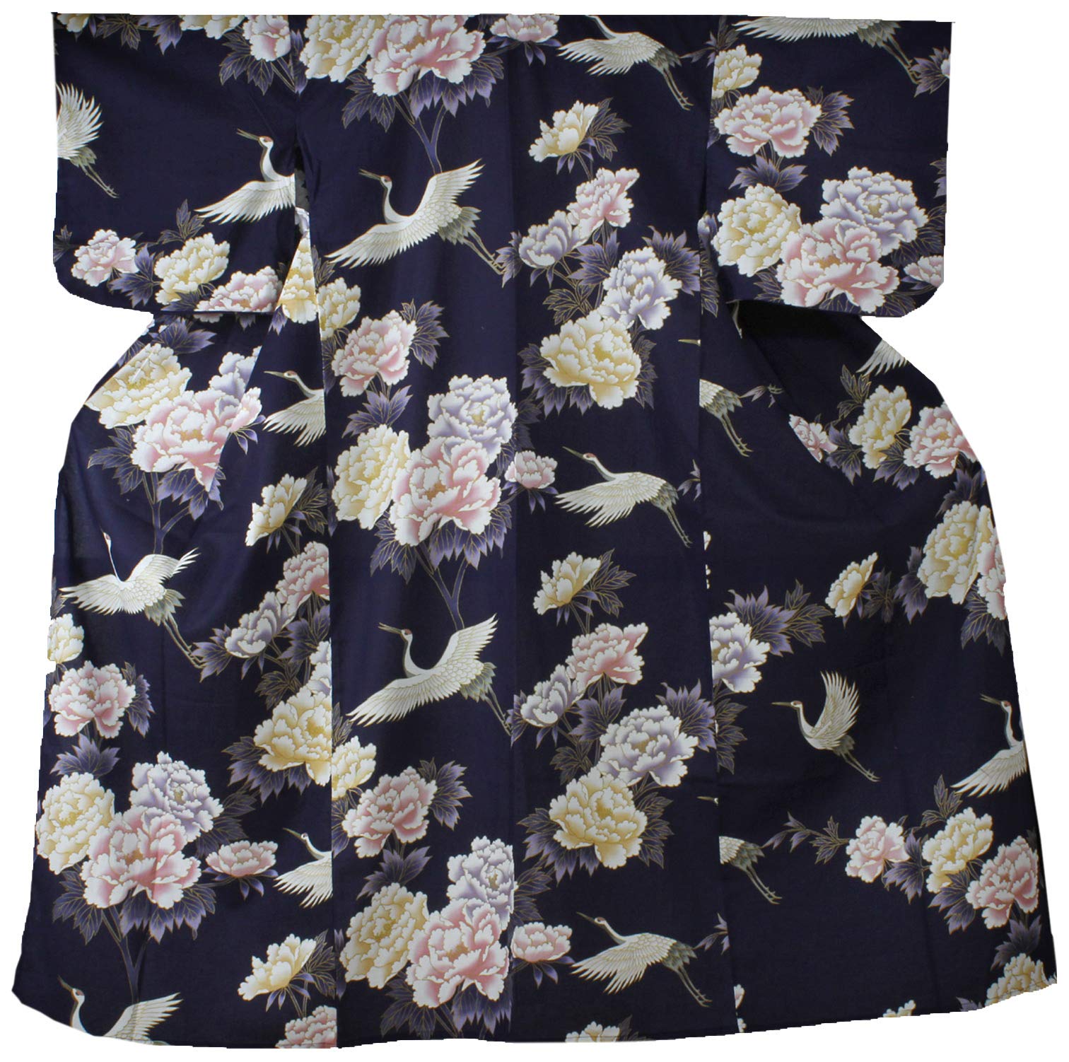 Women's Cotton Kimono Yukata Robe - Navy Blue with Crane & Peony Floral Print - Medium (56