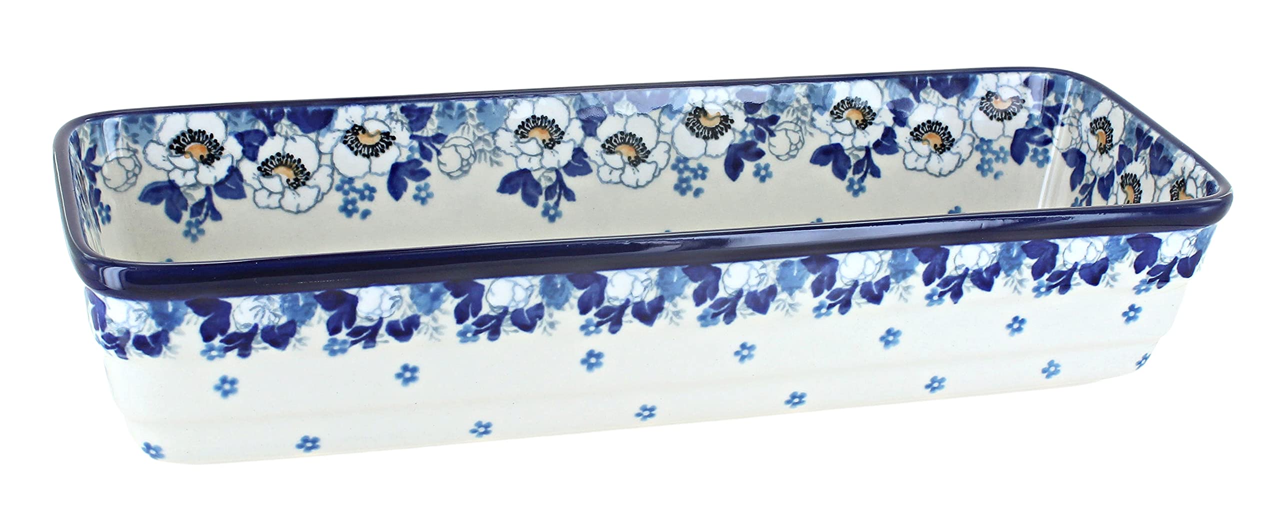 Handmade Blue Rose Polish Pottery Georgia Blue Long Loaf Baker - Traditional Ceramic Bread Pan for Artisan Baking, Perfect for Homemade Bread & Pastries (Kitchen, Gift, Rustic Decor)