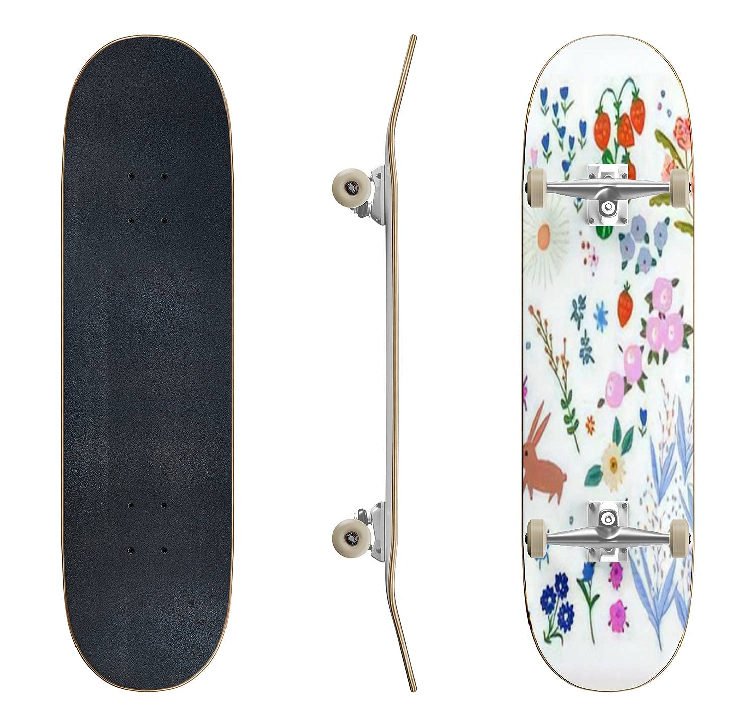 Retro Colorful Skateboard with Hand-Drawn Flowers, Strawberries & Rabbits - Classic Concave Design for Beginners & Pros | Perfect for Teens, Extreme Sports & Street Skating | Great Gift for Skateboard Enthusiasts
