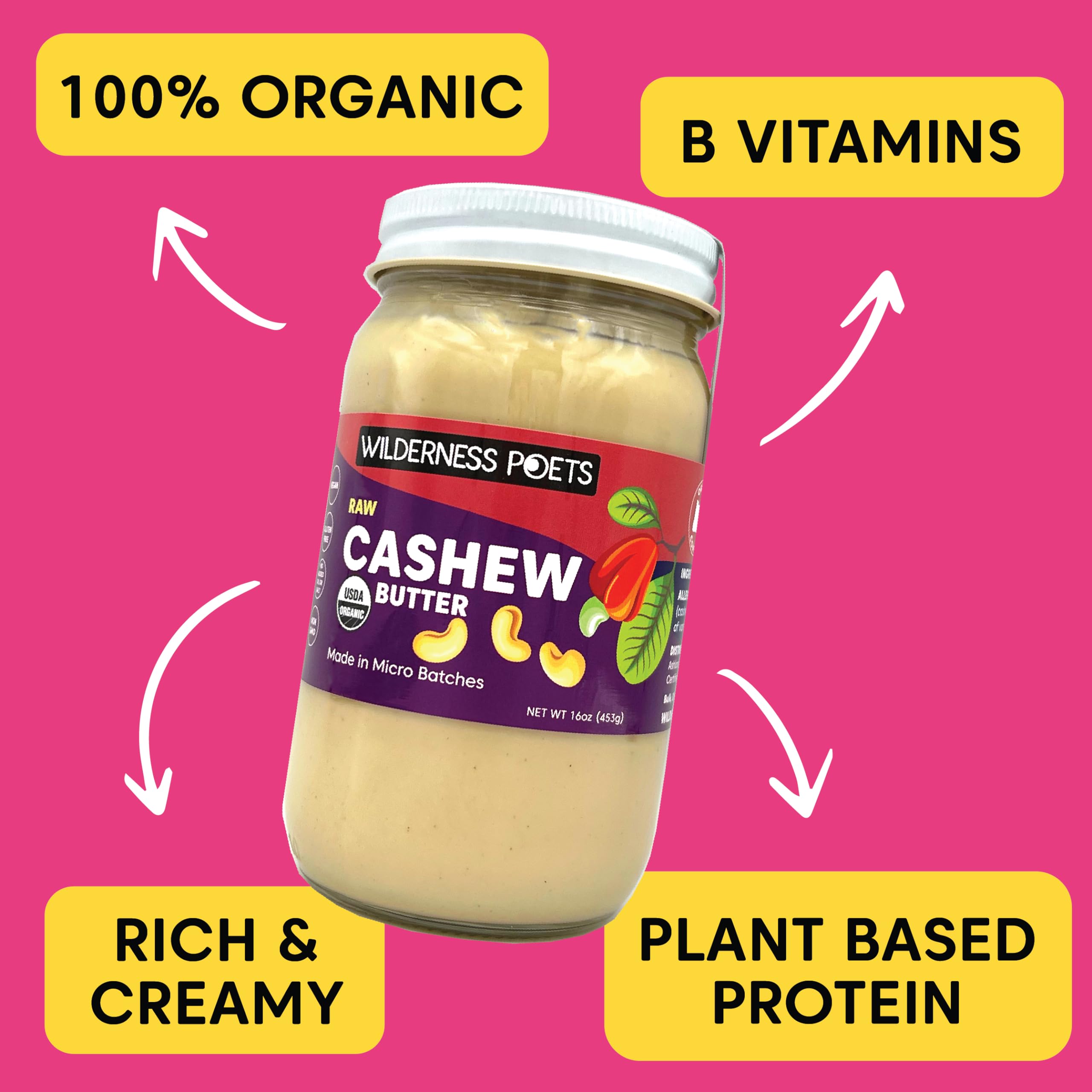 Organic Cashew Butter by Wilderness Poets - Raw, Vegan, Paleo, No Added Sugar, Gluten-Free - 16oz Jar | Perfect for Smoothies, Toast & Healthy Snacks