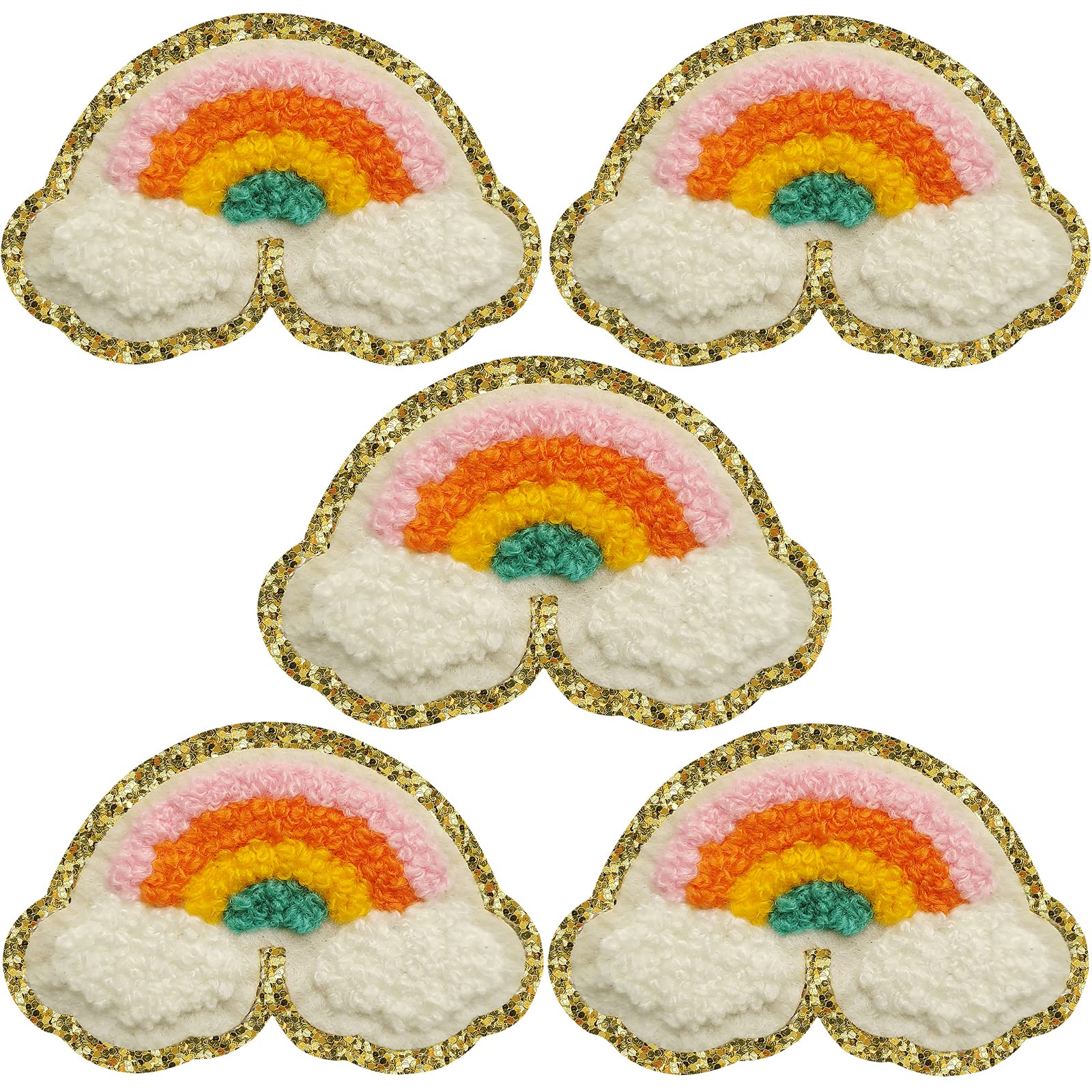 5 PCS Rainbow Iron On Patches - Glitter Chenille Embroidered Appliques with Gold Sequin Border for Jackets, Clothing, Backpacks & Hats | DIY Fashion Decoration for Teens & Adults | Perfect for School, Parties & Festival Outfits