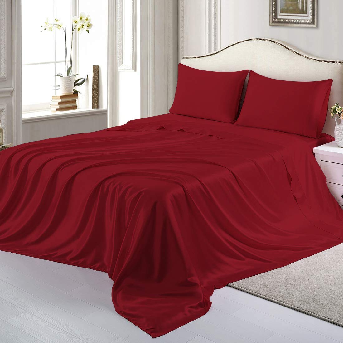 Luxury Silk Satin 4-Piece Bed Sheet Set - Queen Size with 15