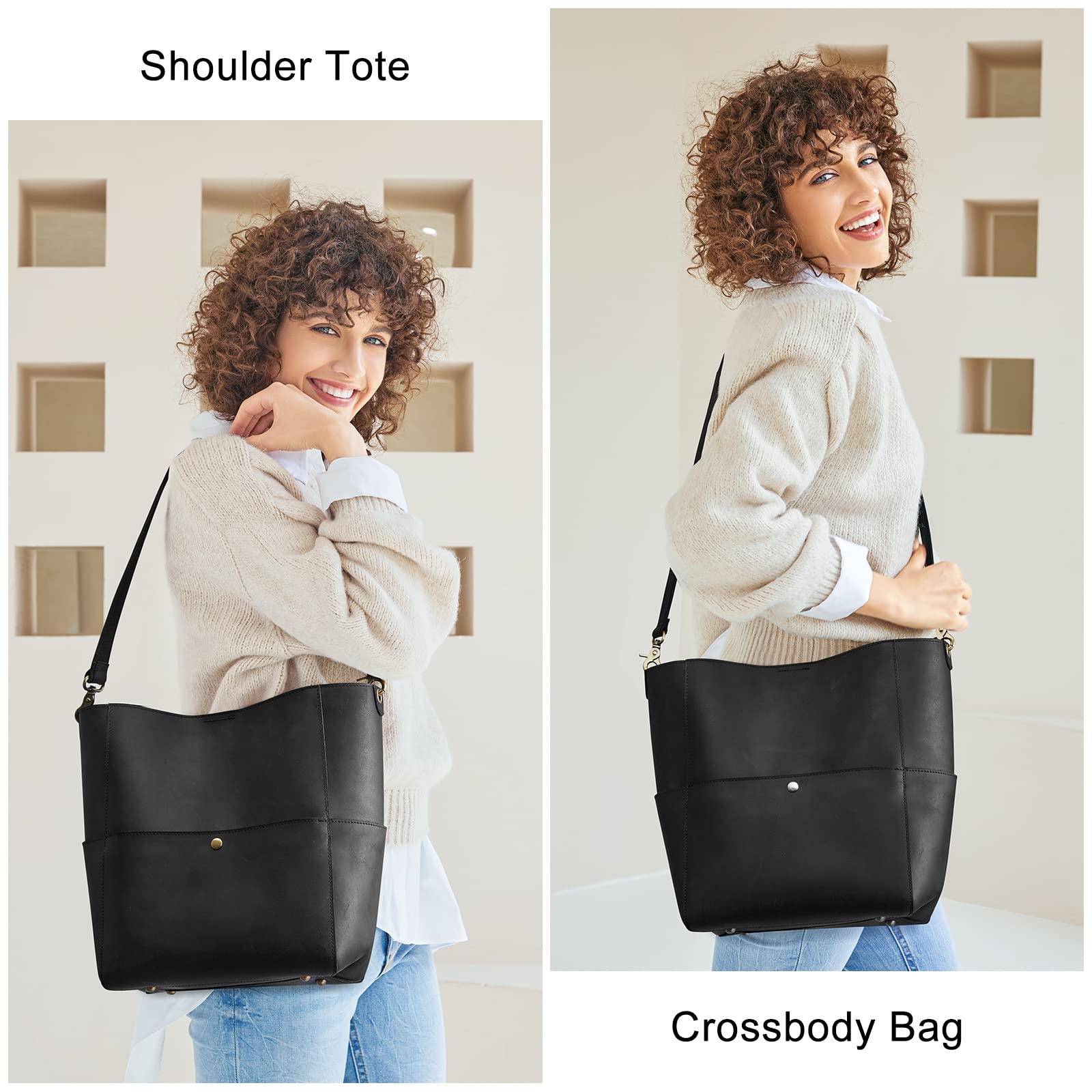 S-ZONE Women's Genuine Leather Tote Bag & Crossbody Bucket Purse Set - Stylish Vertical Shoulder Handbag for Work, Travel & Everyday Use