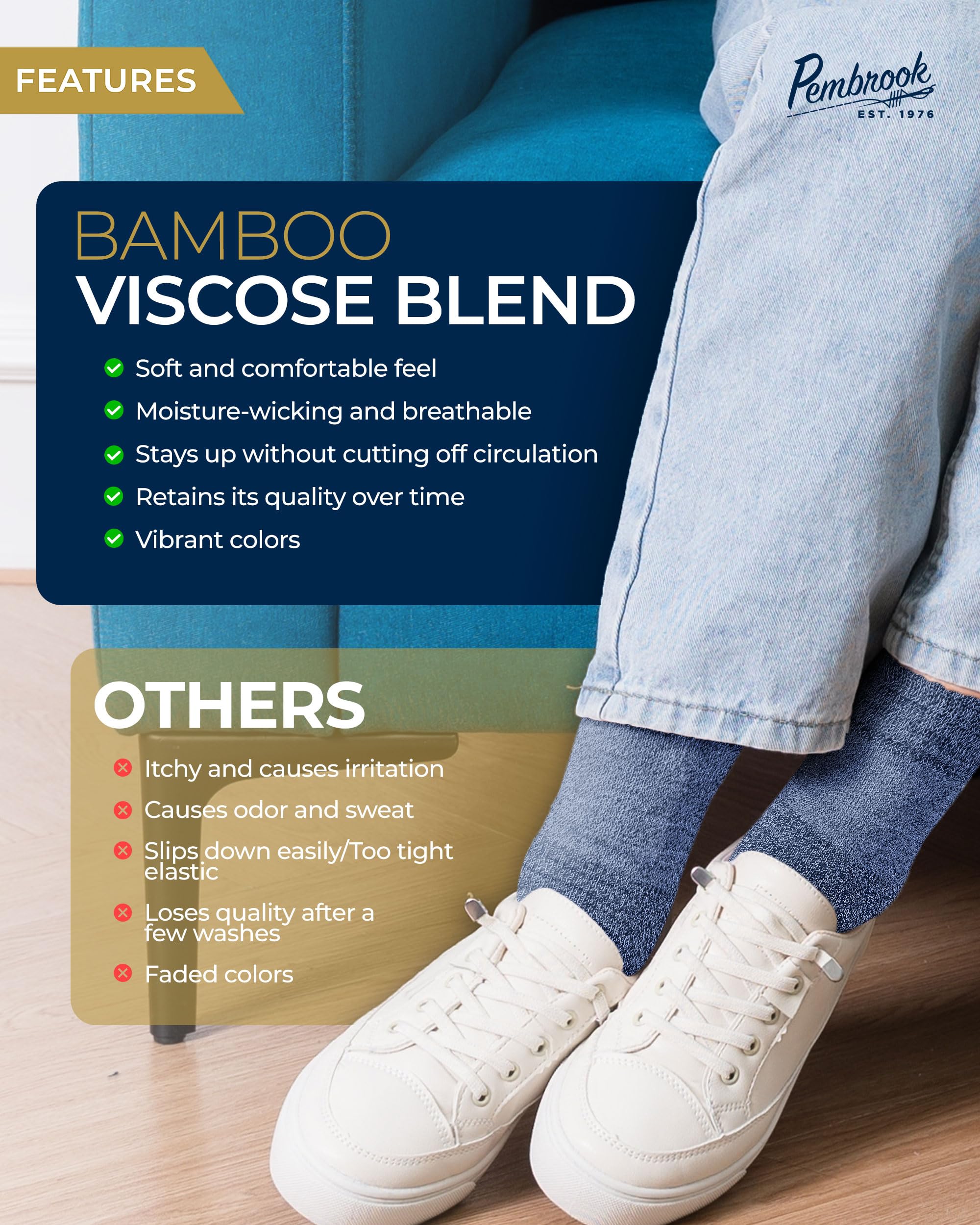Pembrook Bamboo Viscose Diabetic Socks for Women & Men - 6 Pairs Breathable Ankle Socks for Swollen Feet, Neuropathy Relief | Moisture-Wicking, Non-Binding Comfort Socks in Black, White, Beige, Aqua, Blue, Navy | Ideal for Diabetes Care, Travel & Daily Wear