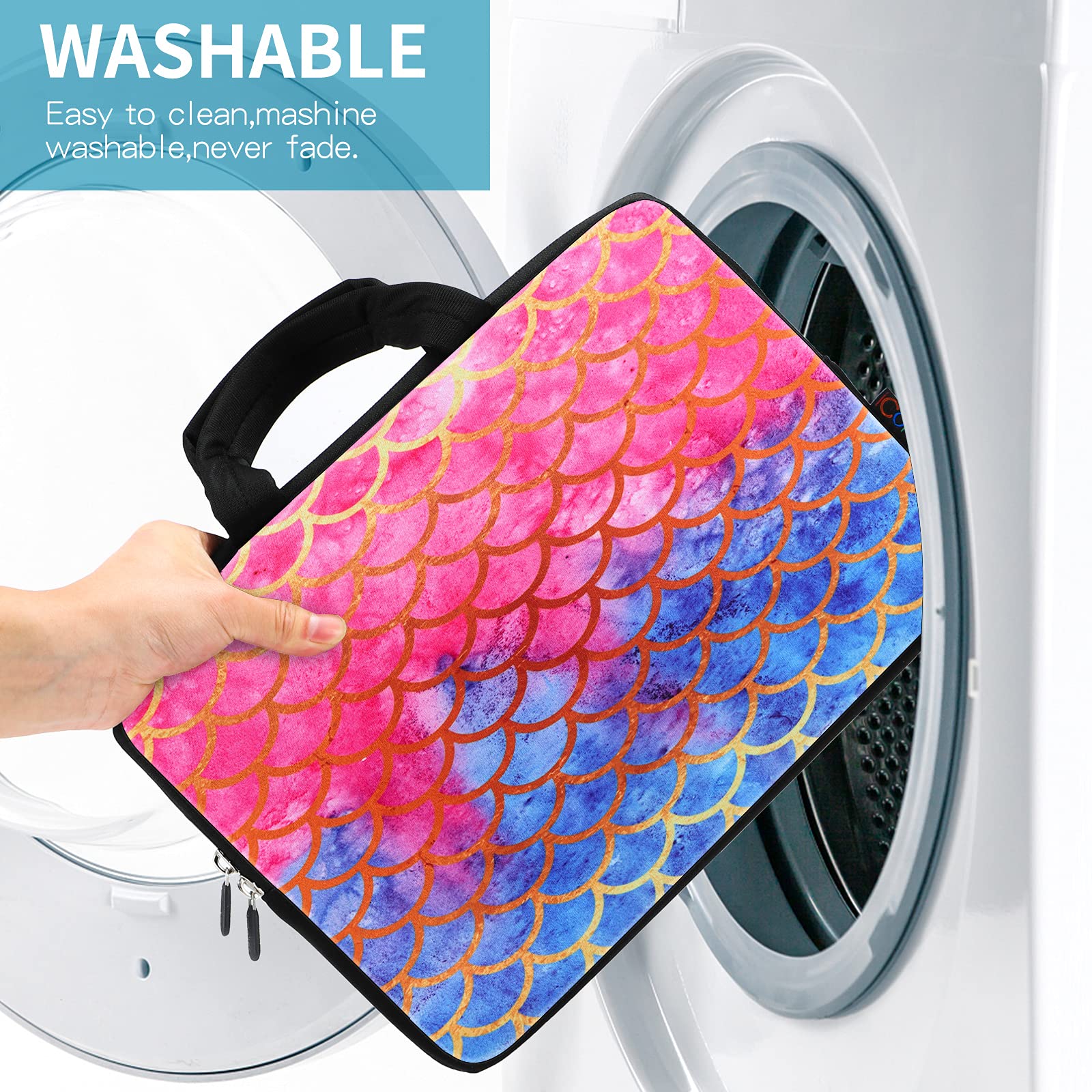 iColor 14 15 15.6 Inch Laptop Sleeve Case - Waterproof Neoprene Chromebook Cover with Handle for MacBook Air Pro, Dell, HP, Acer - Lightweight Travel Computer Bag for Work, School & Business Trips (Mermaid Design ICB-14)