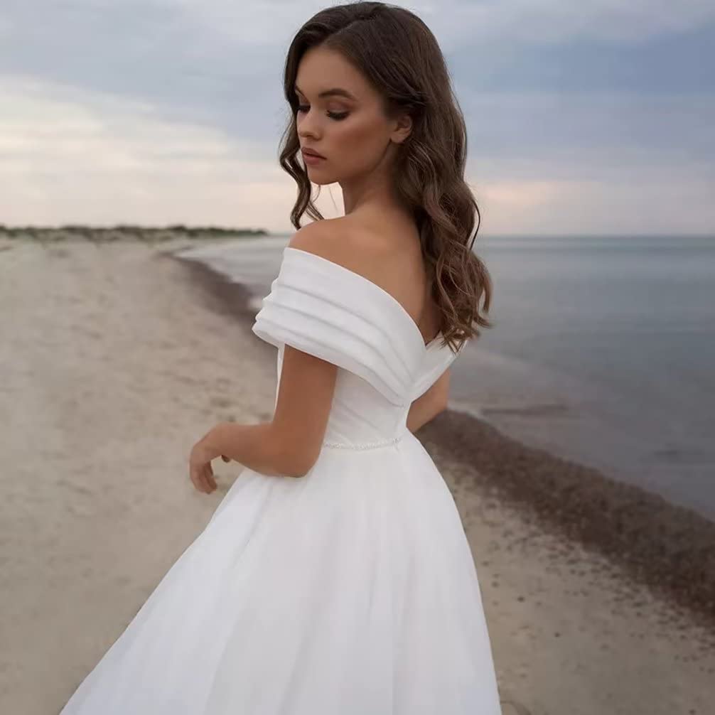 2023 Off Shoulder Tulle Prom Dresses with Slit & Ruched Detail - Elegant Long Wedding Ball Gowns for Women | Perfect for Formal Dances, Galas & Special Occasions