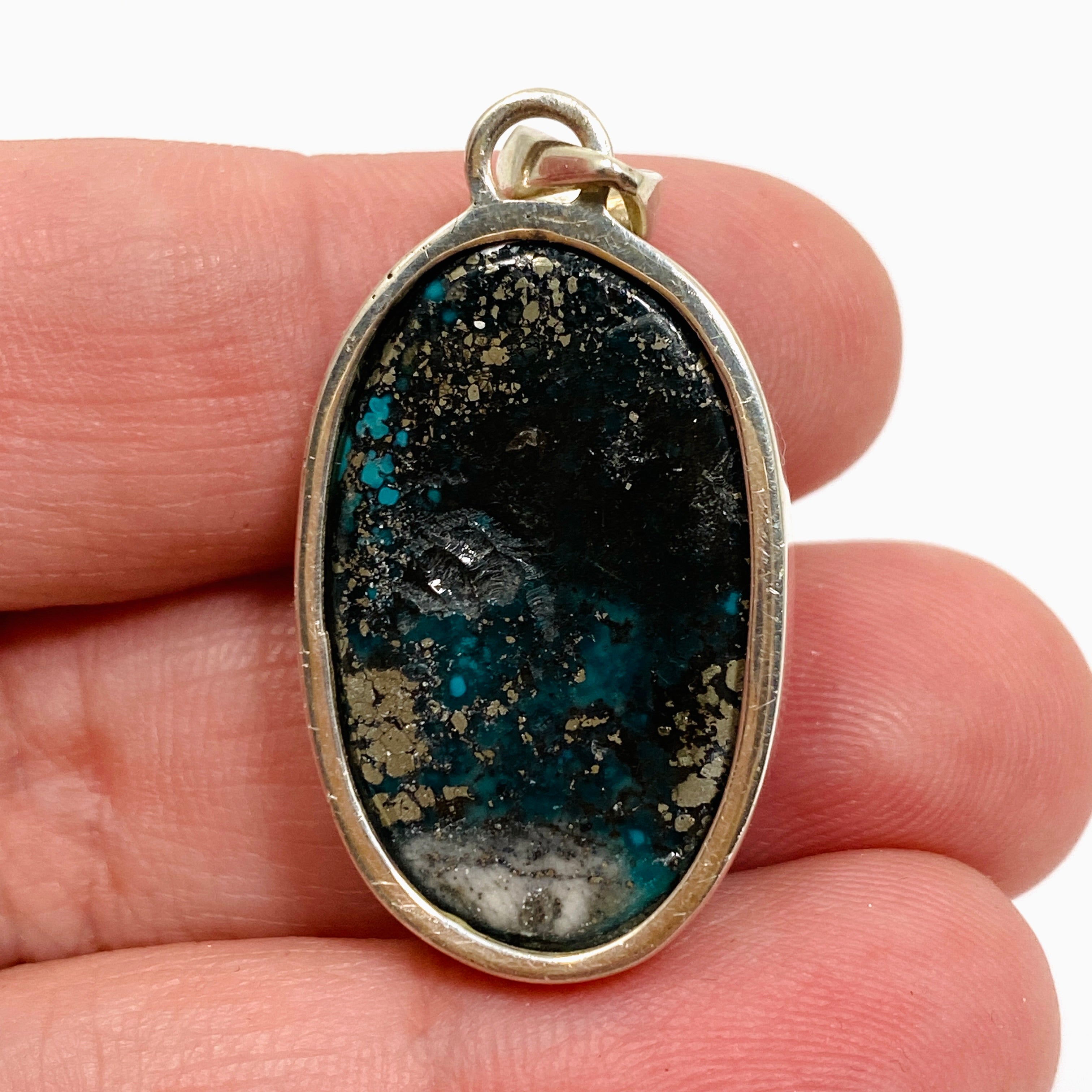 Natural Persian Turquoise with Pyrite Oval Cabochon Pendant - Genuine Iranian Gemstone Jewelry for Women - Perfect for Boho Chic & Southwest Style Outfits