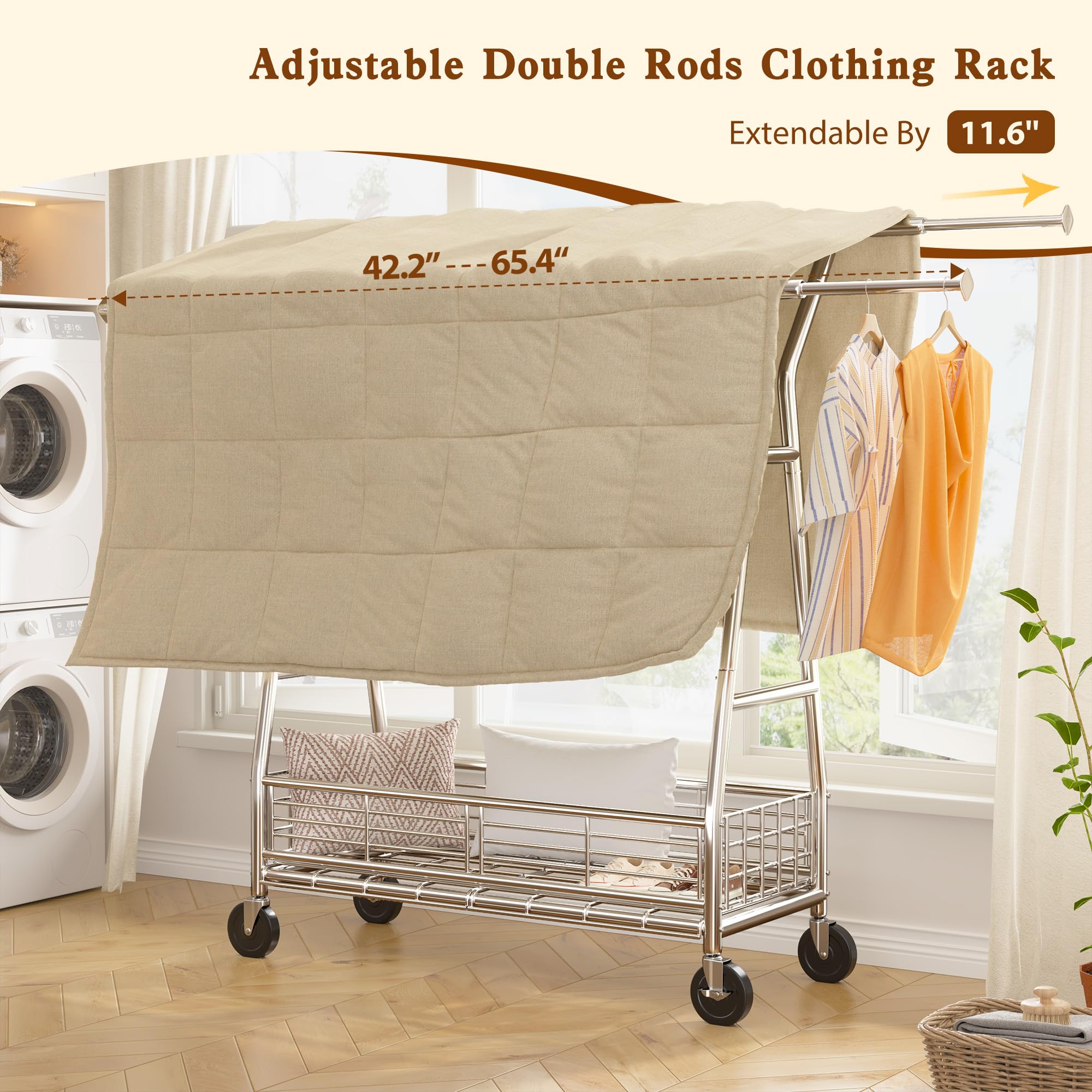 Raybee Heavy Duty Clothes Rack - 600LBS Capacity Commercial Garment Rack with Sturdy Wheels, Adjustable Shelves & Double Rods | Portable Clothing Rack for Retail Stores, Boutiques, Home Closet Organization & Laundry Room Storage
