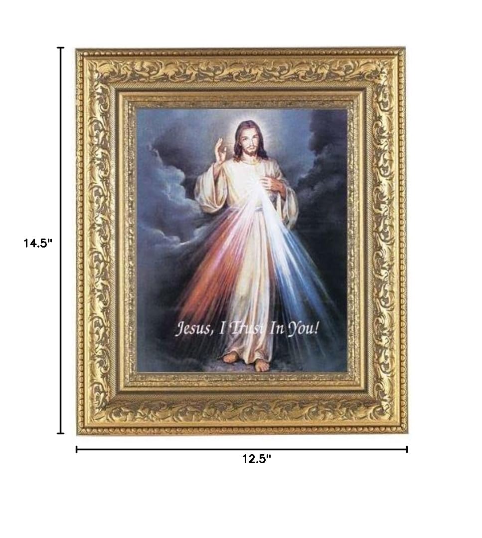 Divine Mercy Framed Wall Art - Large Religious Home Decor with Gold Leaf Acanthus Carvings - Perfect for Living Room, Bedroom & Church Decorations