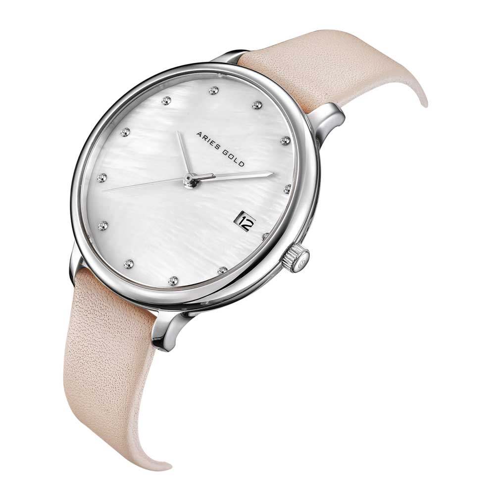 ARIES GOLD ENCHANT FLEUR Silver Stainless Steel Women's Watch with Leather Strap - Elegant Dress Watch for Office, Party & Special Occasions