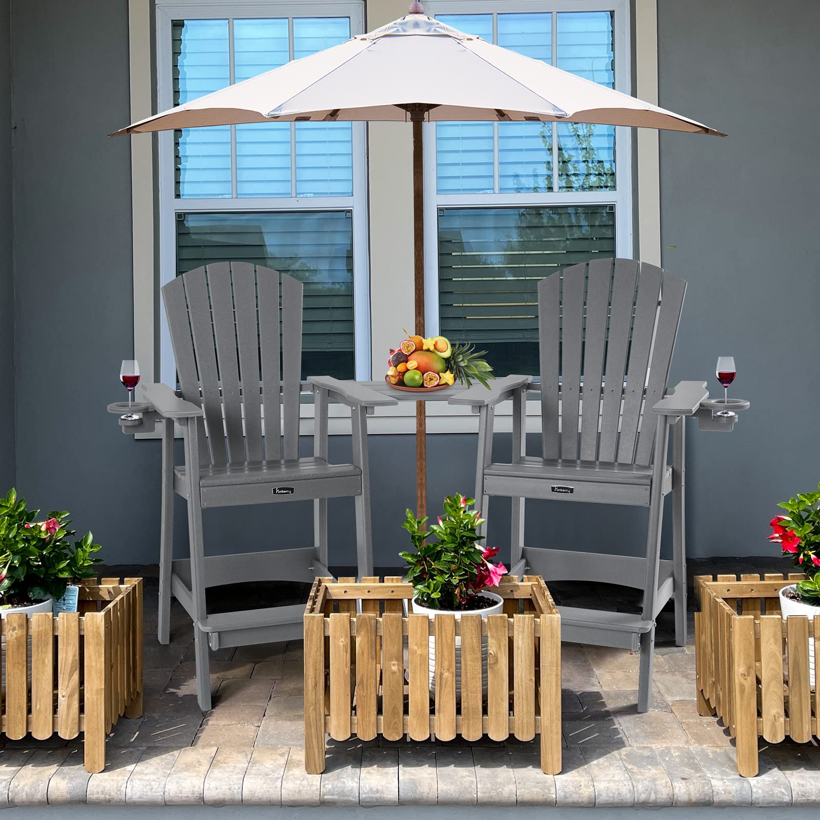 FUNBERRY 2-Piece Tall Adirondack Chair Set with Connecting Tray & Cup Holders - High Top Resin Outdoor Bar Stools, Durable High Back Balcony Chairs - Perfect for Poolside, Patio, Beach & Backyard Relaxation