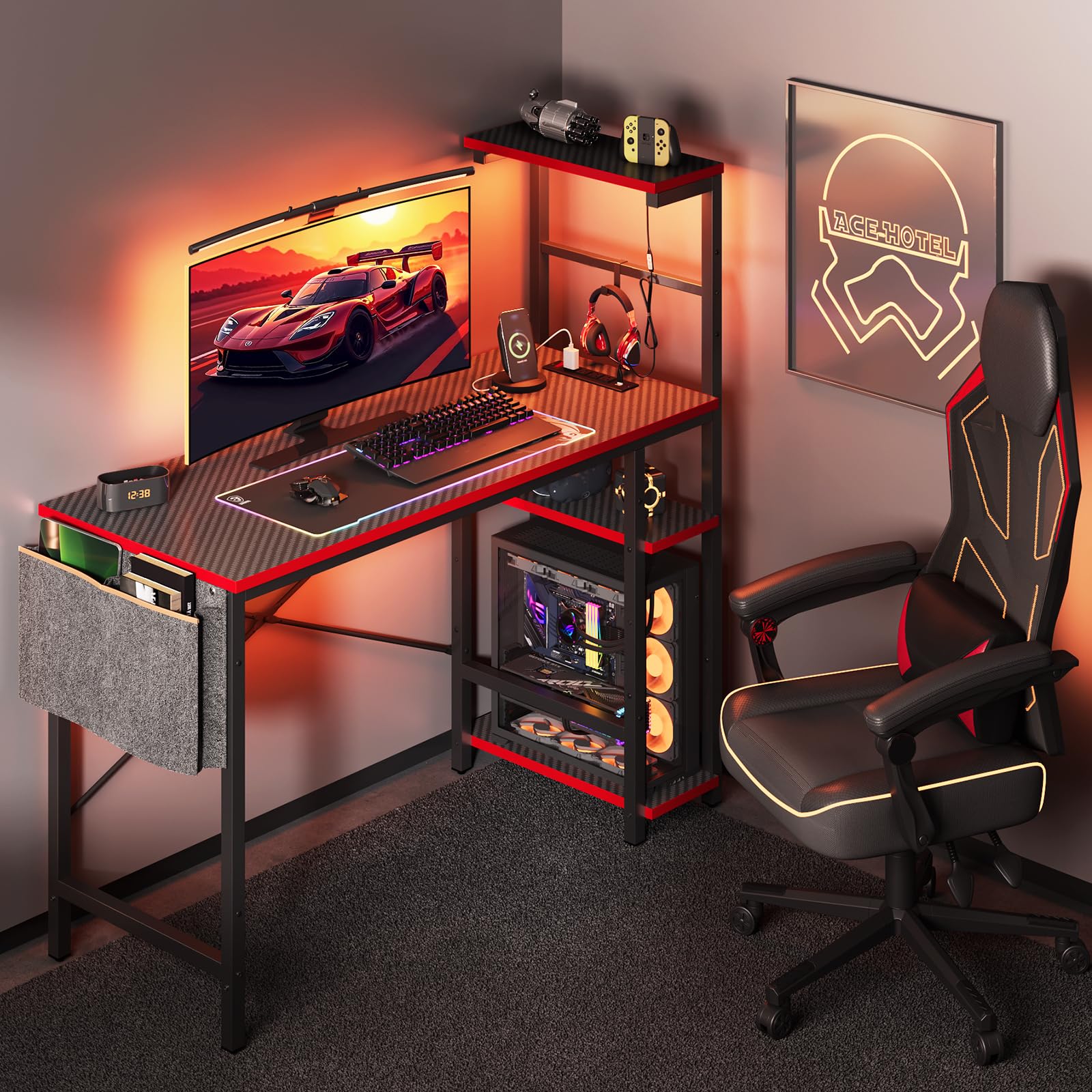 Bestier 44 Inch Gaming Desk with Power Outlets & LED Lights - 4-Tier Reversible Shelves, Headset Hook & Side Storage Bag - Ergonomic PC Gaming Table for Bedroom (Black 3D Carbon Fiber) - Perfect for Esports, Streaming & Home Office Setup